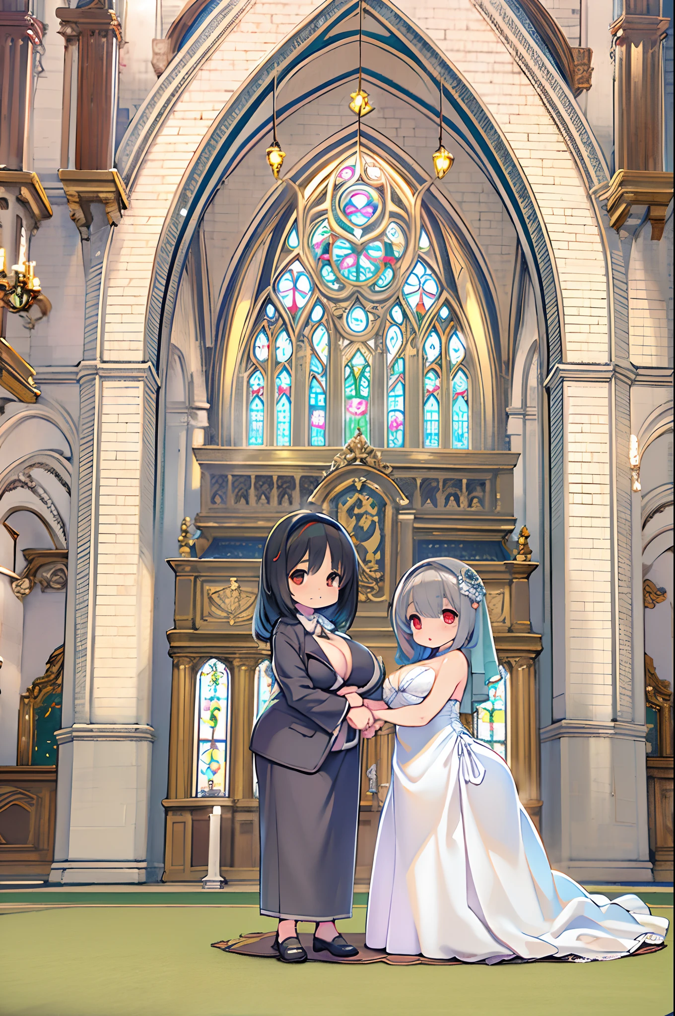 High resolution, Best Quality, masutepiece, Ultra high definition, Ultra high definition, .。.3D, Anime, Illustration, In a church、wedding hall、Two women in wedding dresses、2girls，girl1：bbw、huge-breasted、、Chibi adorable，Black hair，Bob-cut hair，huging、stare、weddingdress、Girl 2：adolable，A pink-haired，Long grey hair，huge-breasted、huging、stare、weddingdress、Chibi