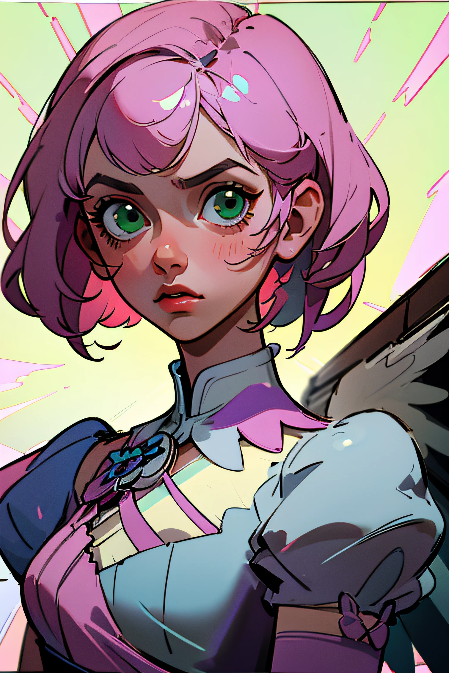 Alisa bosconovitch, melhor qualidade, contemporary, estilo plano, minimalismo, Green Eyes Flat Illustration, cabelo rosa, cabelo curto, cabelos multicoloridos, Camisa Preta, mechanical wings, Head Portrait Close-U, peito pontudo, decote, super decote, middlebreasts, Tekken,cabelo rosa pastel, 1girl, em quimono, hand-painted,Desenho de linha sem cor, Tekken Alisa Bosconovich pink lips, no estilo da paleta de cores suave aurorapunk, an anime illustration of his face, gifs animados, hand drawn animation, charming sketches, suave e brilhante, romantismo nebuloso, estilo superflat, fundo branco - ar 1:1 - niji 5 - estilo expressivo --s 50