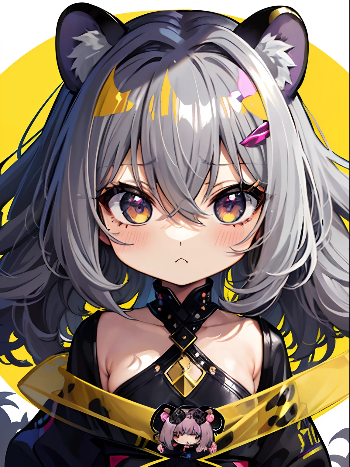 (masterpiece,best quality,ultra-detailed),1girl, curly hair,messy hairstyle,mane,dark yellow hair with black spots,leopard ears,beautiful and detailed eyes,small chest,animal print jacket,(grey theme),looking at viewer,((((chibi)))