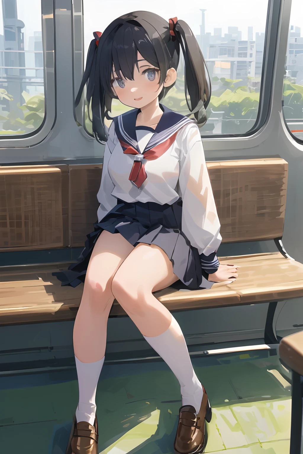 Trapped girl、A picture、tmasterpiece、top-quality、(1 Girl's black eyes and black hair)、Cute *********** s, A woman with a neat and calm face、（ **** student,）、A miniskirt、Neat sailor suit、White high socks、Loafer shoes、(mini skirt swinging sexy round:  1.3)、wearing a Japanese school uniform, Sailor uniform, double tails, Kantai collection style, in school uniform, Dressed in uniform、in school uniform, （（jｃUniforms））, Official artwork, school uniform, a-1 pictures,（（（Full body display）））、beautiful countenance、(Description Beautiful eyes:1.32)、Erotic and irritable appearance、Sleep on a bench at the station、Get down on one knee