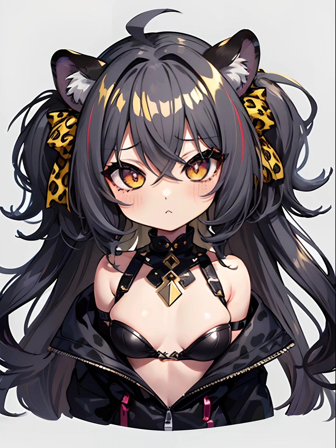 (masterpiece,best quality,ultra-detailed),1girl, curly hair,messy hairstyle,mane,dark yellow hair with black spots,leopard ears,beautiful and detailed eyes,small chest,animal print jacket,(grey theme),looking at viewer,((((chibi)))