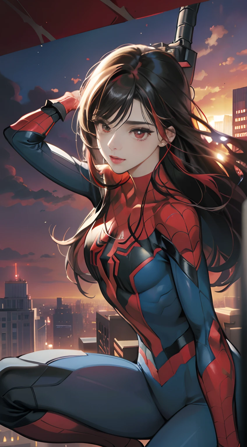 (Best Quality,4K,High resolution), Long straight-haired woman with black hair and red highlights、red eyes、sharp eye、eye liner、spider girl、Red and blue spider suit，Spider Hero、The trademark of the spider on the chest、Suit with cobweb decoration、Comical appearance，comic strip，animesque，Overlooking the city from on high、Squatting on the tip of the lightning rod、Deformed cute illustration、Near and far law