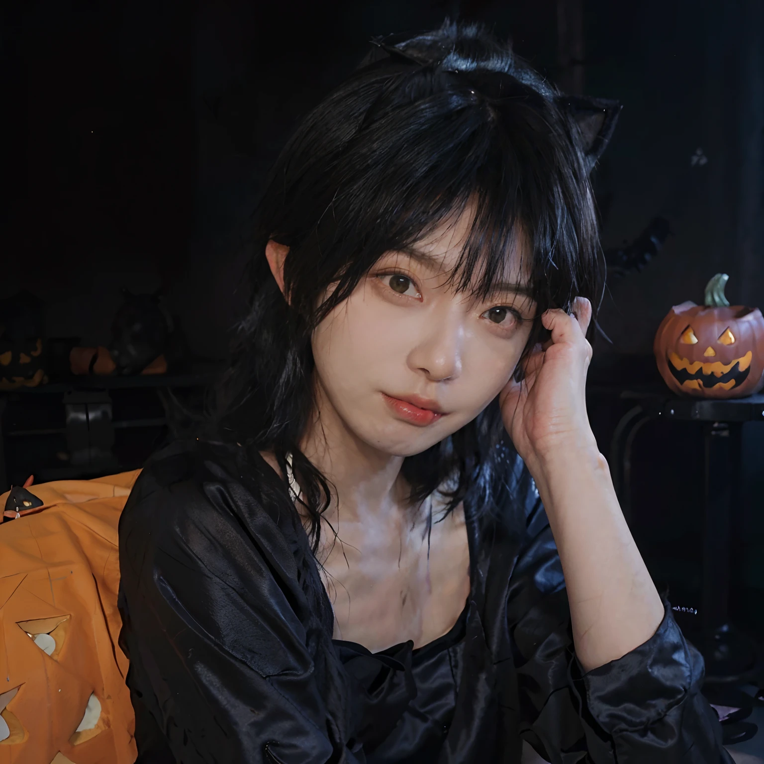 8K、(((Halloween atmosphere)))、(Black underwear)、(sexy pose)、(((Black hair color))) 、pumpkins、undersized head、Best Quality, 超A high resolution, (Realism: 1.4), Realistic Photos, (True skin texture: 1.3), Beautiful eyes and face details, masutepiece, Best Quality, bob cuts、18year old、(((Black cat ears)))