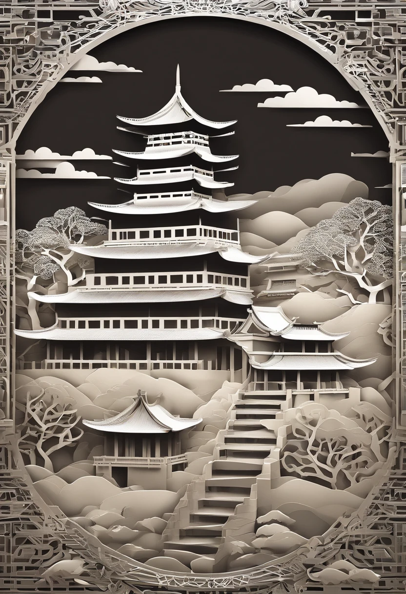 Complex illustration in paper cut art style,Great Wall of China,Rendered in 3D,And draw inspiration from postmodern art, As a play by the Guggenheim,best qualtiy,realisticlying,realisticlying,super-fine,highly elaborate carvings on ,