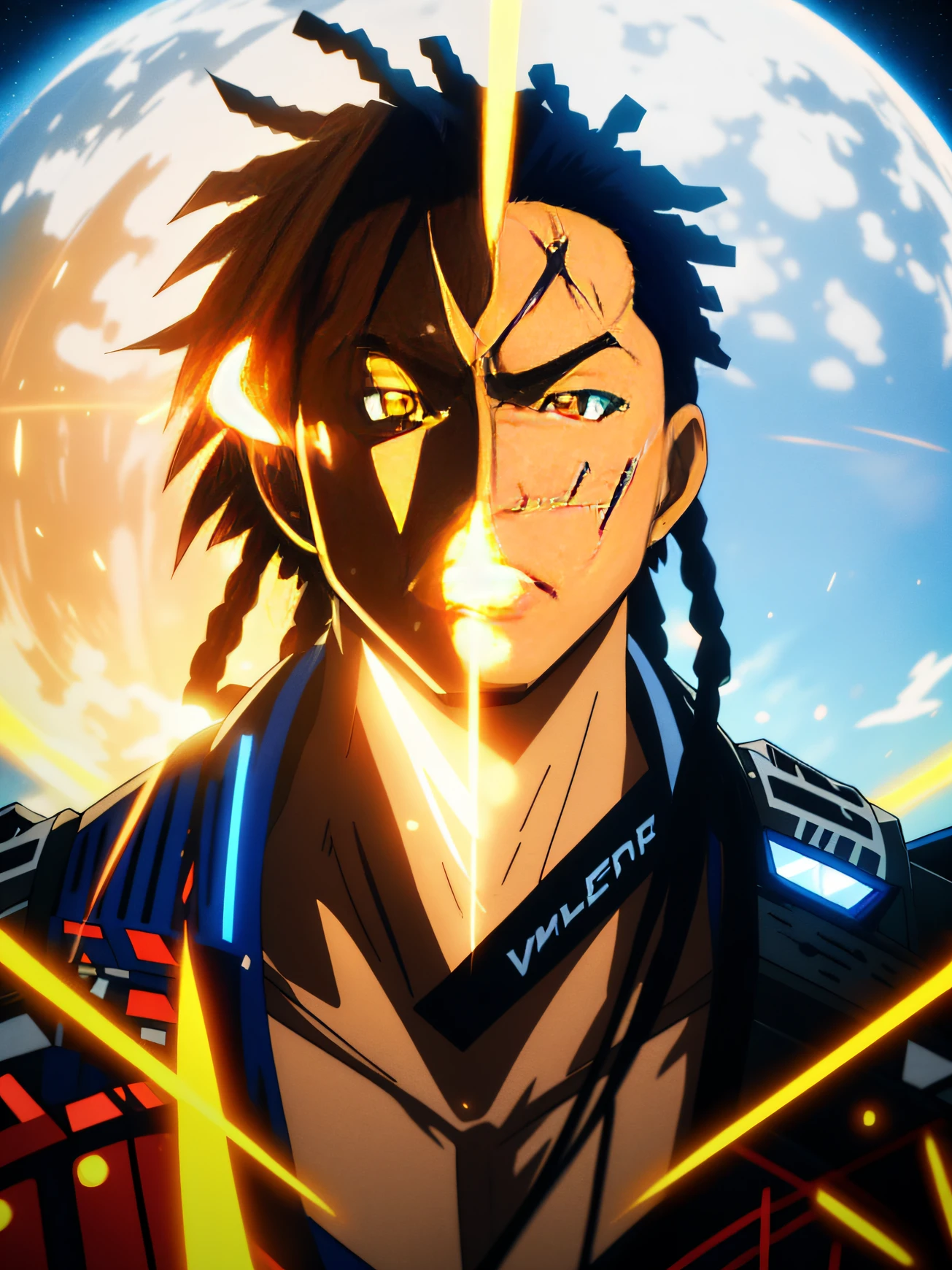 REALISTIC ANIME STYLE, JAPANESE ANIME, REAL ANIME, RAGE UNLEASHED, ANGRY, african american man cyborg soldier with dual samurai sword, red long dreadlocks, glowing neon X eyes, with shot gun on the side, heavy mecha armor, cybernetic, cyberpunk, colourful japanese stickers on armor, on planet venus, wasteland, apocalypse, baren venus planet, cinematic, volume lighting, REAL SKIN WRX62, REFLECTIVE SKIN MH66, VSGX62, REAL LIFE 5D PRO, NVDIA, AMD GRAPHICS, EPIC PORTRAIT, MOVIE STYLE DYNAMIC LIGHTING PRO, highly detailed, micro detail, intricate, 8K, hyper detailed, realistic render, unreal engine, hyperrealistic, lifelike, very coherent, fantasy, cinematic lighting, at night, epic composition, masterpiece, cinematic,