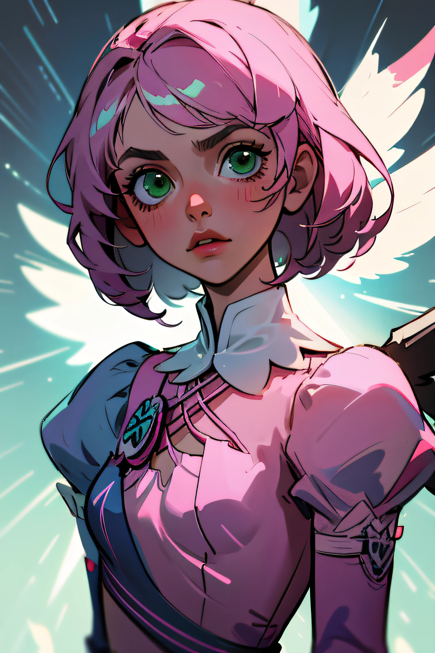 Alisa bosconovitch, melhor qualidade, contemporary, estilo plano, minimalismo, Green Eyes Flat Illustration, cabelo rosa, cabelo curto, cabelos multicoloridos, Camisa Preta, mechanical wings, Head Portrait Close-U, peito pontudo, decote, super decote, middlebreasts, Tekken，cabelo rosa pastel, 1girl, em quimono, hand-painted，Desenho de linha sem cor, Tekken Alisa Bosconovich pink lips, no estilo da paleta de cores suave aurorapunk, an anime illustration of his face, gifs animados, hand drawn animation, charming sketches, suave e brilhante, romantismo nebuloso, estilo superflat, fundo branco - ar 1:1 - niji 5 - estilo expressivo --s 50