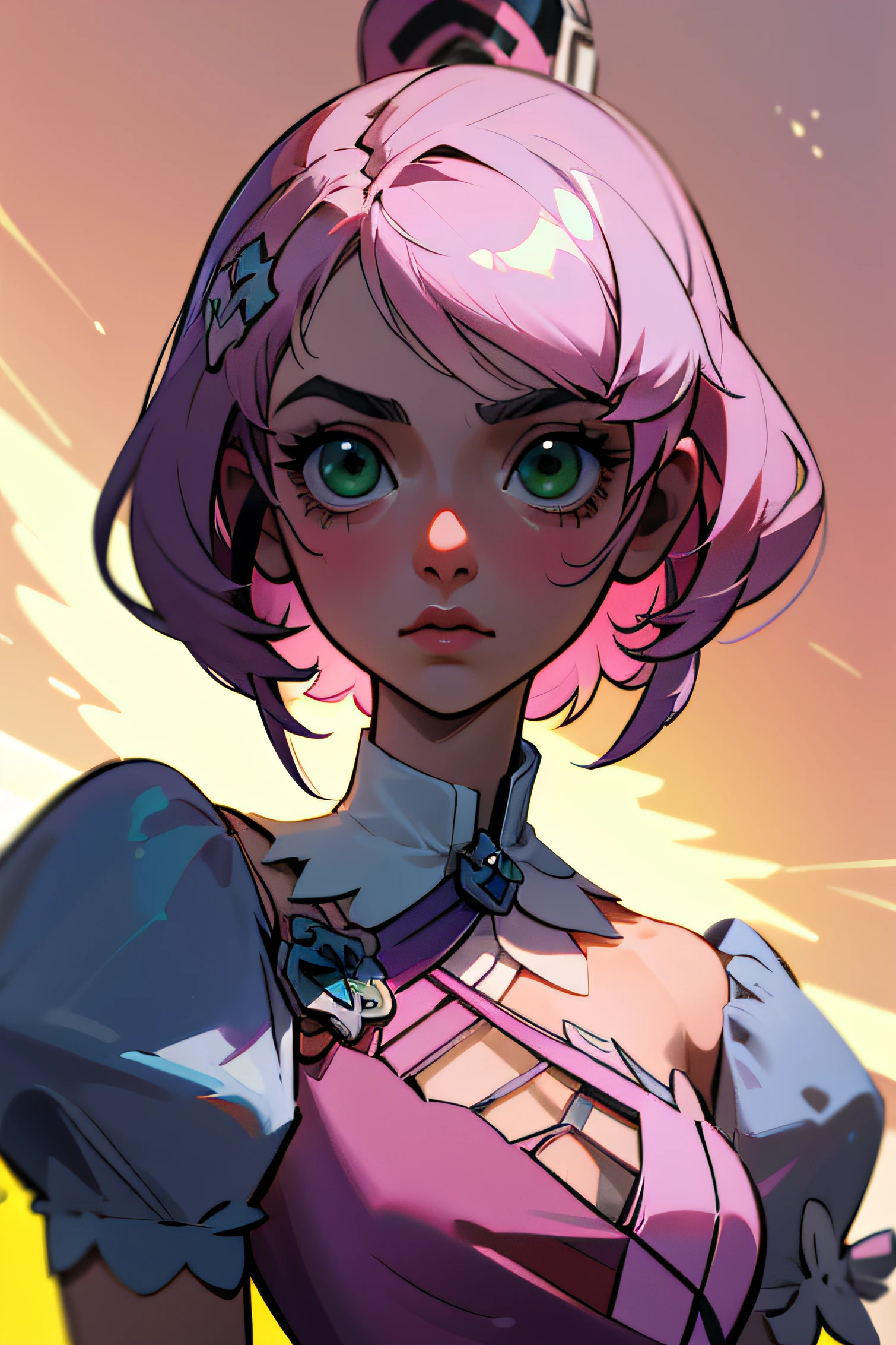 Alisa bosconovitch, melhor qualidade, contemporary, estilo plano, minimalismo, Green Eyes Flat Illustration, cabelo rosa, cabelo curto, cabelos multicoloridos, Camisa Preta, mechanical wings, Head Portrait Close-U, peito pontudo, decote, super decote, middlebreasts, Tekken，cabelo rosa pastel, 1girl, em quimono, hand-painted，Desenho de linha sem cor, Tekken,  kawaii cor-de-rosa na roupa da era de 1910, Alisa Bosconovich pink lips, no estilo da paleta de cores suave aurorapunk, an anime illustration of his face, gifs animados, hand drawn animation, charming sketches, suave e brilhante, romantismo nebuloso, estilo superflat, fundo branco - ar 1:1 - niji 5 - estilo expressivo --s 50