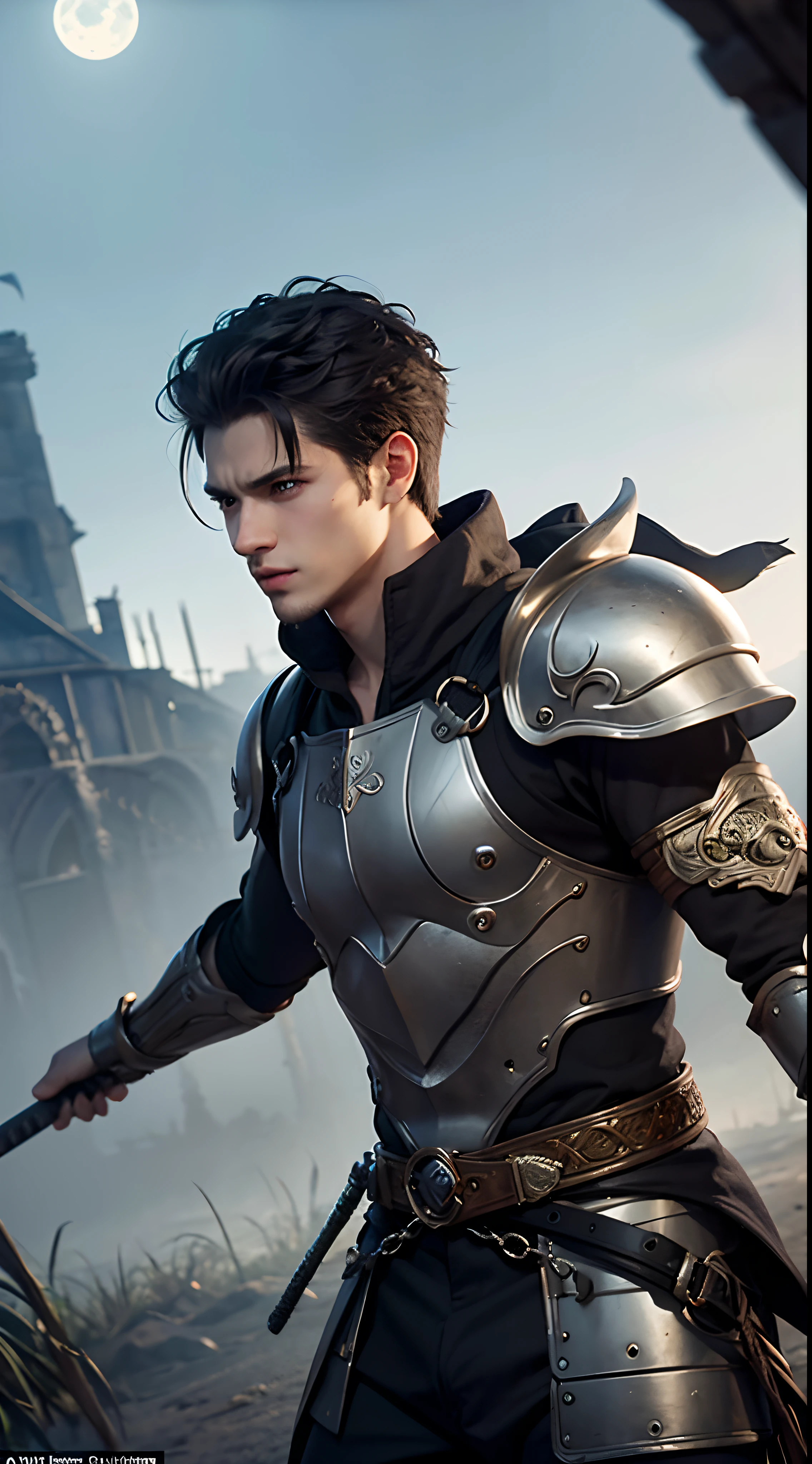"Artwork, highest image quality 8k, most detailed, beautiful composition, depth of field, In grand fantasy art style, a handsome 20 year old Zoro warrior, solo, glowing eyes in the shadows, his well-proportioned body stands tall and proud, ready to defend his kingdom. The intricate details on his armor and weapons are a testament to his skill and level. artist's detail in the rendering. In the poster, a close-up of a person holding a sword in the moonlight captures the intensity of the battle—a battle between good and evil. The shadows add an eerie element to the scene, making it is both visually descriptive and engaging.