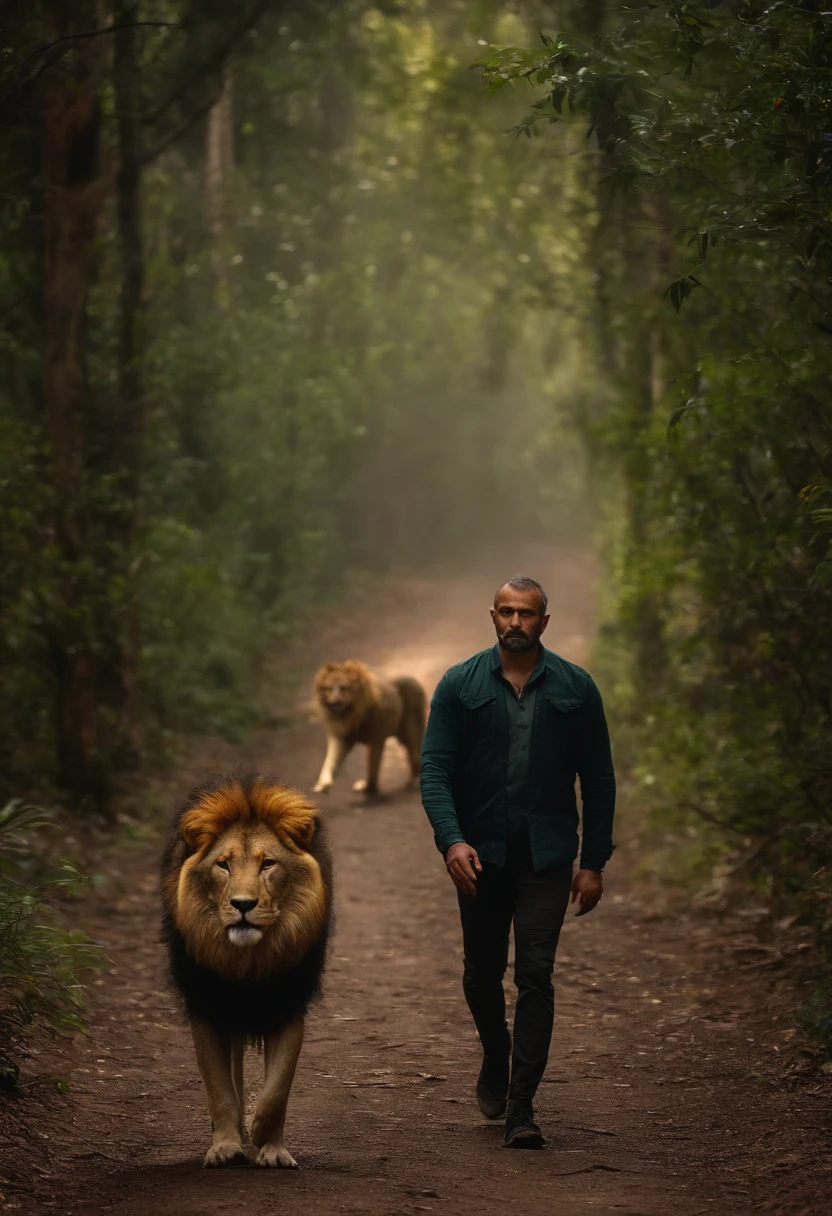 Retrato frontal de um homem, caminhando em um caminho pela floresta, accompanied by a wolf and a lion.