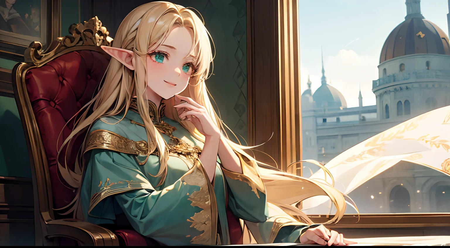 (((Masterpiece, Highest Quality, high definition, high detail)))), (((Fantasy))), ((Walled city)), ((Inside the inn)), (Sitting in a chair and looking out the window))), ((People pass through the city)), One, Elf, White short skirt, embroidered with gold, blonde long straight hair, dark green eyes, Green Surcoat, embroidered with gold, Smile, big, (breeze) , There are a lot of light particles floating in the room