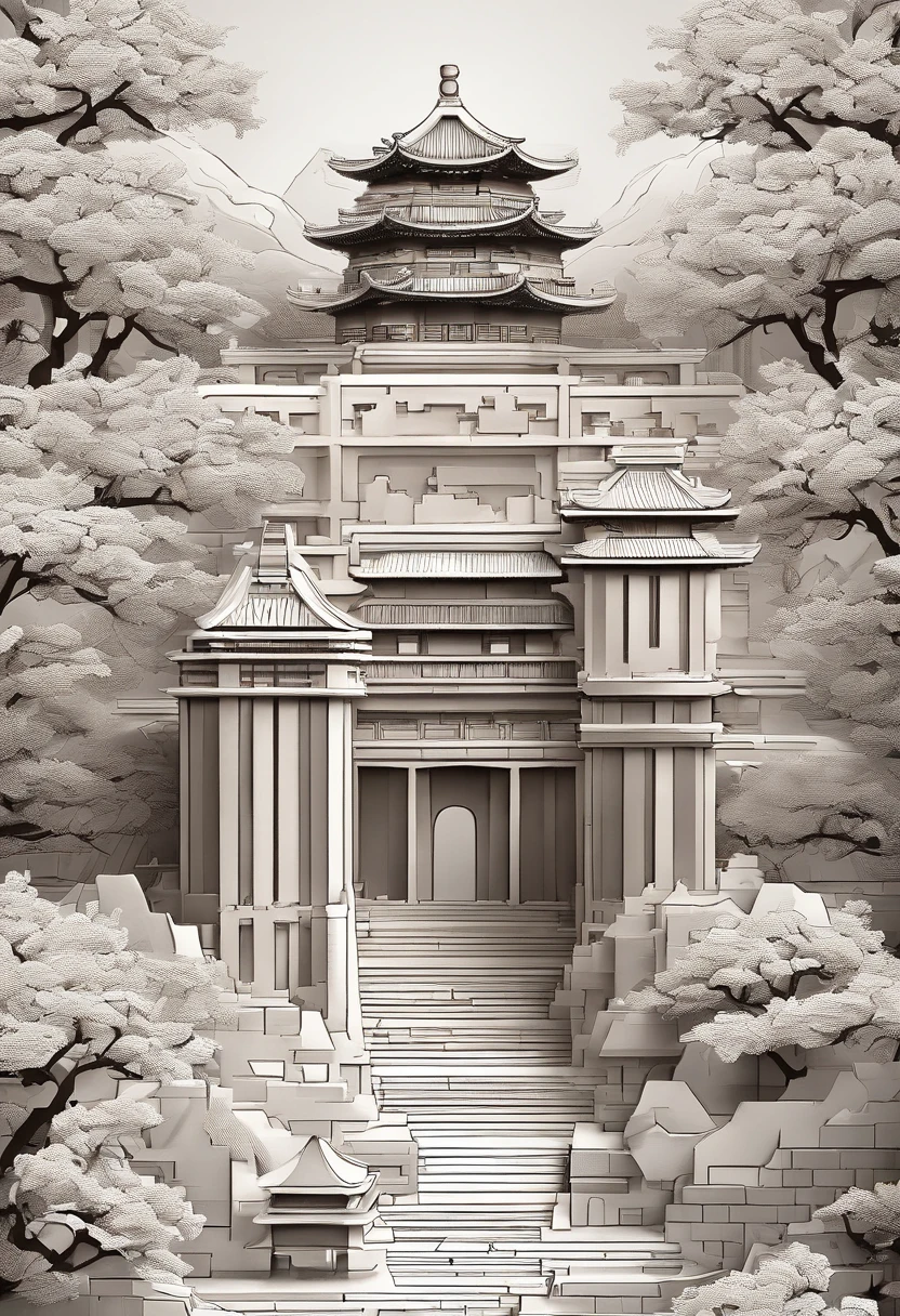 Complex illustration in paper cut art style,Great Wall of China,the great wall,best qualtiy,realisticlying,realisticlying,super-fine,highly elaborate carvings on ,