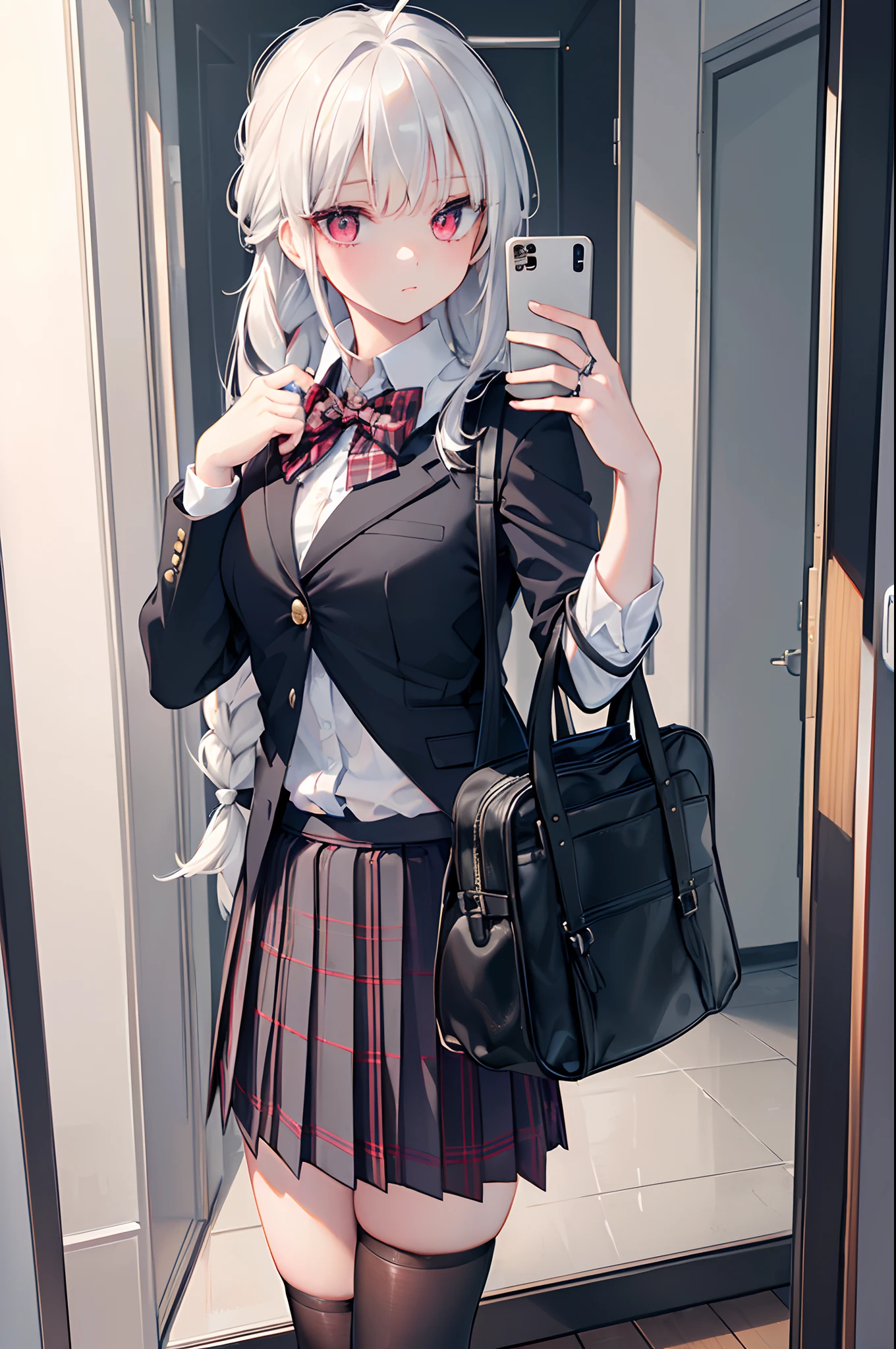 masterpiece,(bestquality),highlydetailed,ultra-detailed, cold , solo , ( 1girl ) , expressiveless,Sharp eyes,Cold,detailedeyes , stare , (red eyes) , (beautiful detailed eyes) , (long hair) , (white hair) , (silver hair) , (Wing-like bangs) , (Dull hair) , (ahoge) , (Hair rings) , (braid) , (bag) , (black legwear) , (blazer) , (bow) , (bowtie) , (cellphone) , (hand on hip) , (holding) , (holding phone) , (jacket) , (loafers) , (looking at phone) , (mirror) , (phone) , (plaid) , (plaid skirt) , (pleated skirt) , (reflection) , (school bag) , (school uniform) , (selfie) , (shoes) , (shoulder bag) , (skirt) , (smartphone) , (thighhighs)