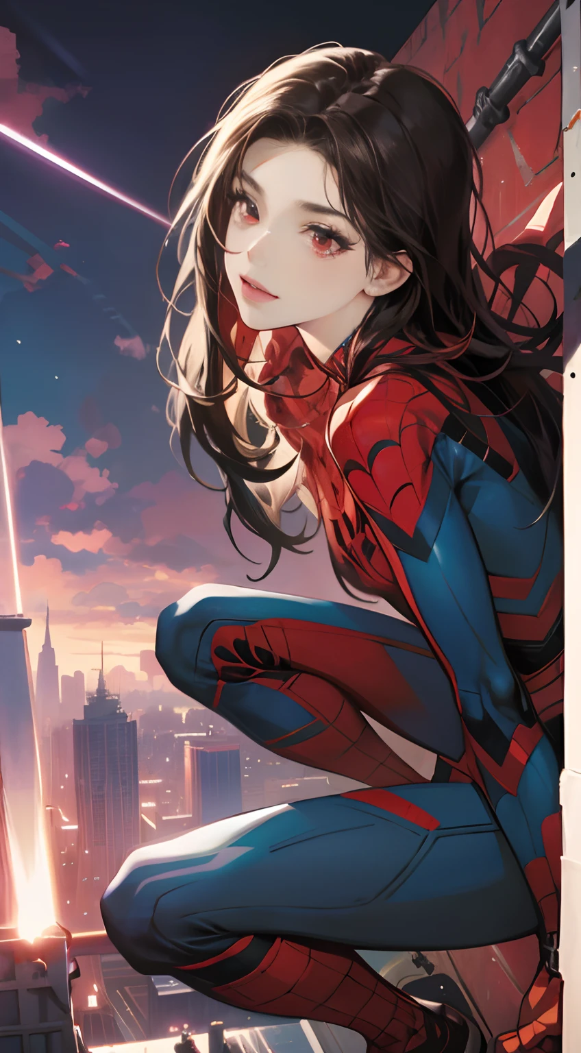 (Best Quality,4K,High resolution), Long straight-haired woman with black hair and red highlights、red eyes、sharp eye、eye liner、spider girl、Red and blue spider suit，Spider Hero、The trademark of the spider on the chest、Suit with cobweb decoration、Comical appearance，comic strip，animesque，Overlooking the city from on high、Squatting on the tip of the lightning rod、Deformed cute illustration、Near and far law