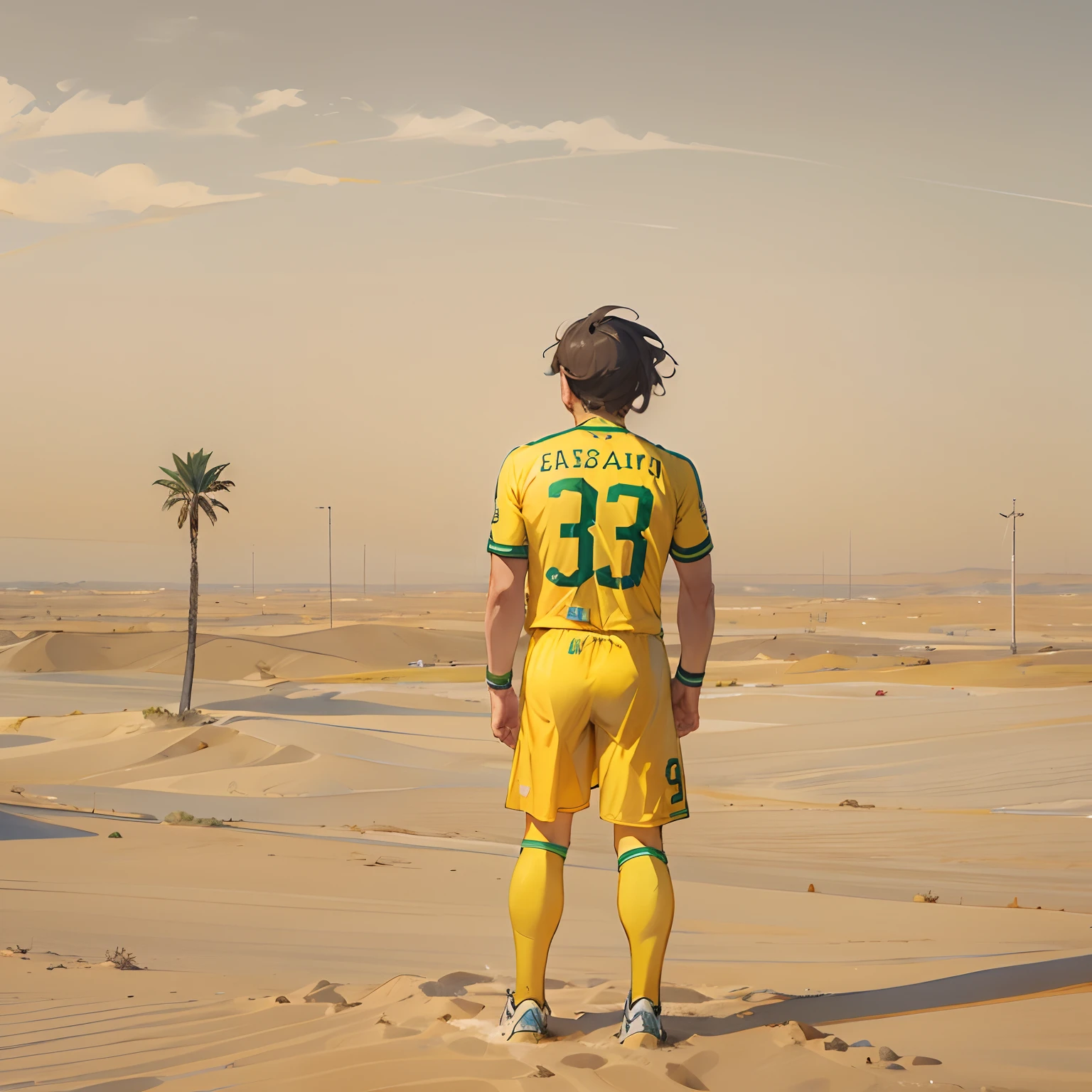 There's a man standing on the sand in a yellow football shirt with the number 33 on it, Cities with fire and smoke, Directed by: Mike Winkelmann, inspirado em Mike Winkelmann, Alexey Egorov, estilo fantasia 8 k octane render, Futuro Miramar, inspirado em Darek Zabrocki, Sergey Zabelin, high res 8k, CGSetivity 8K, em algum lugar nas areias do deserto de jerusalem. Ultra realista. Raytraycing, hdr, obra-prima