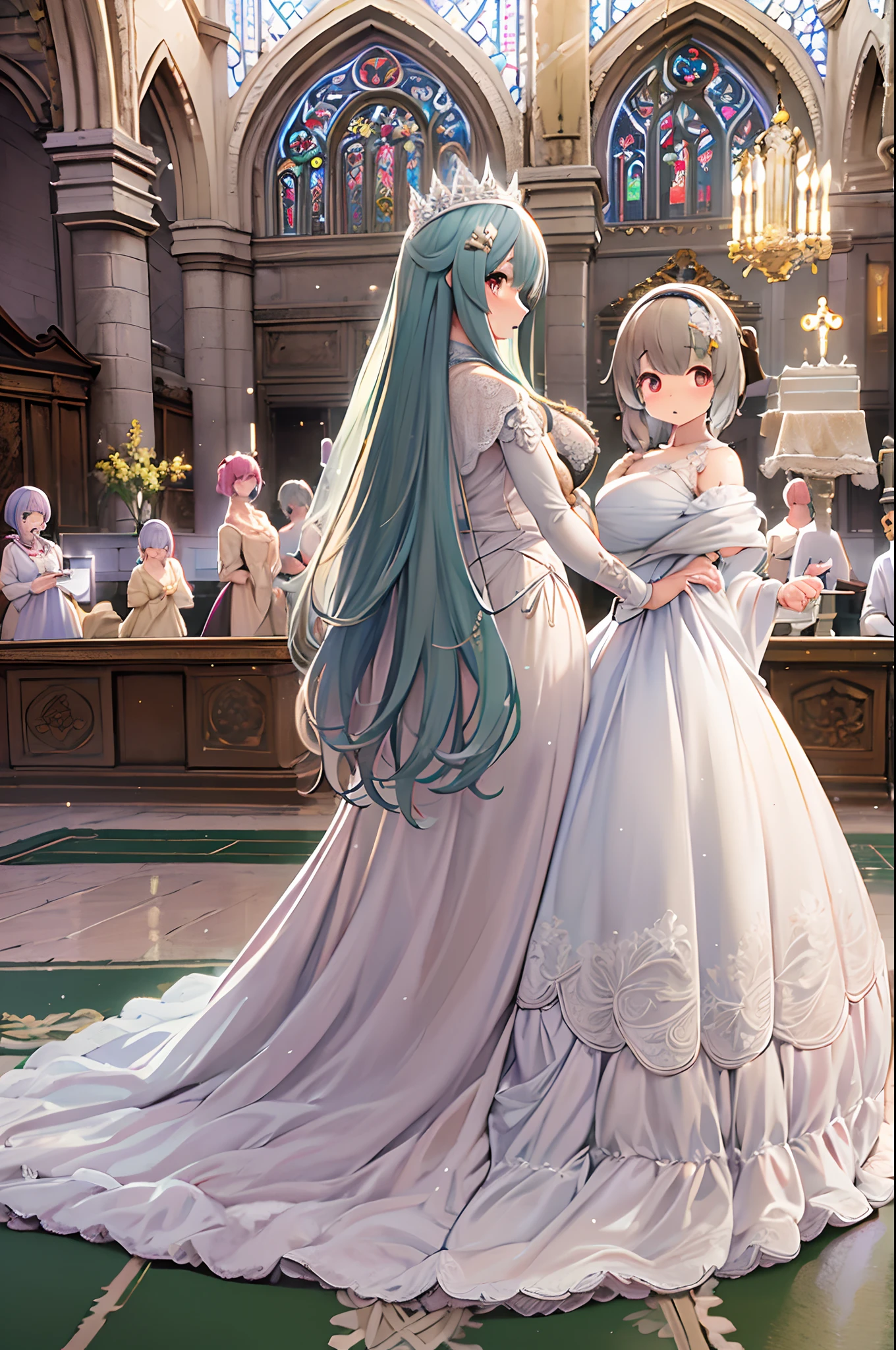 High resolution, Best Quality, masutepiece, Ultra high definition, Ultra high definition, .。.3D, Anime, Illustration, In a church、wedding hall、Two women in wedding dresses、2girls,girl1:bbw、huge-breasted、adolable,Black hair,Bob-cut hair,huging、stare、weddingdress、Girl 2:adolable,A pink-haired,Long grey hair,huge-breasted、huging、stare、weddingdress