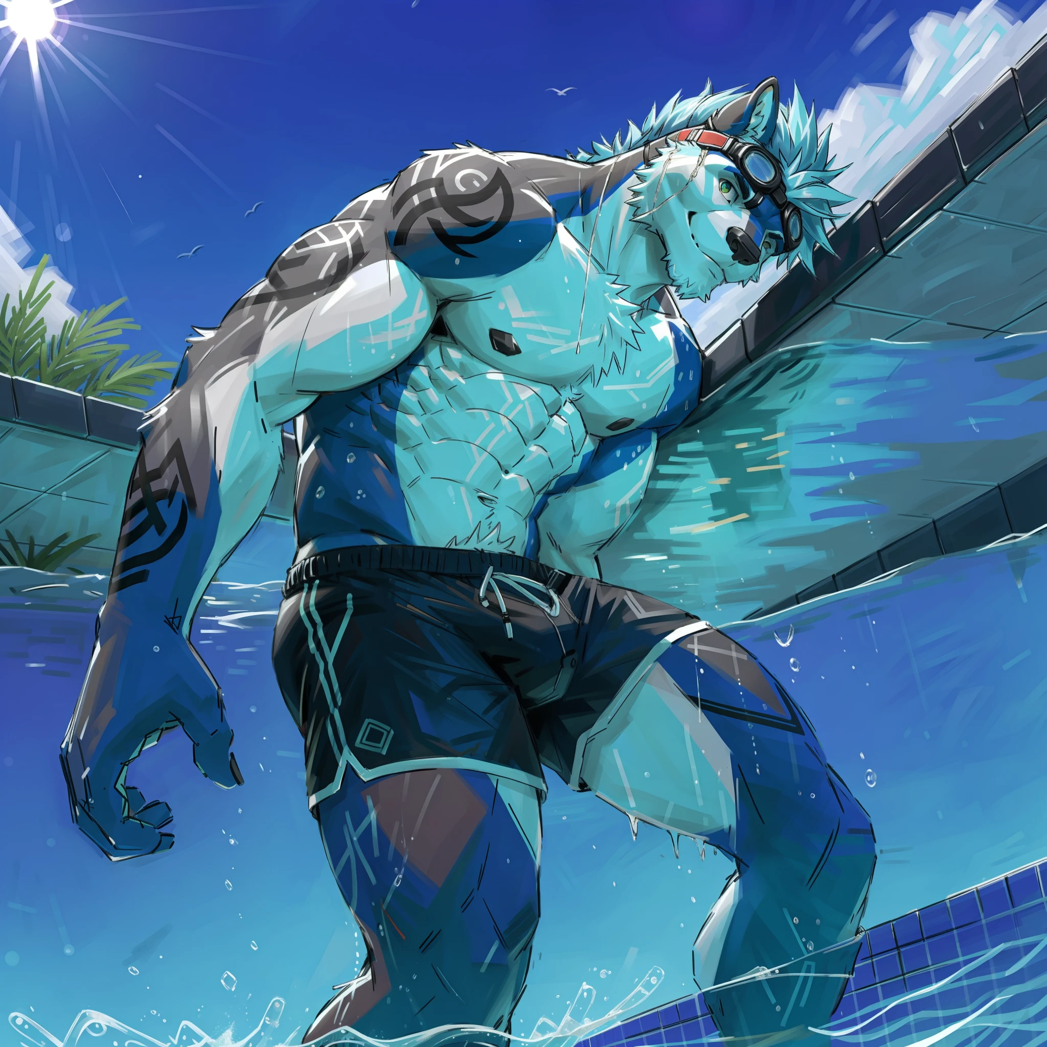 (Best quality, High-res, Realistic:1.37), Muscular,One guy,Detailed artwork, Intricate details, Poolside scene, Wear swimming trunks, of a shirtless，The abs are well defined, Gray hair, Short shorts, Blue hair, tattoos on the arms, Hair tied up, Wearing swimming goggles, Adjust the goggles, Use swimming rings, Strong posture, water Reflections, sun streaming in, Vibrant colors，The perspective is viewed from the bottom up