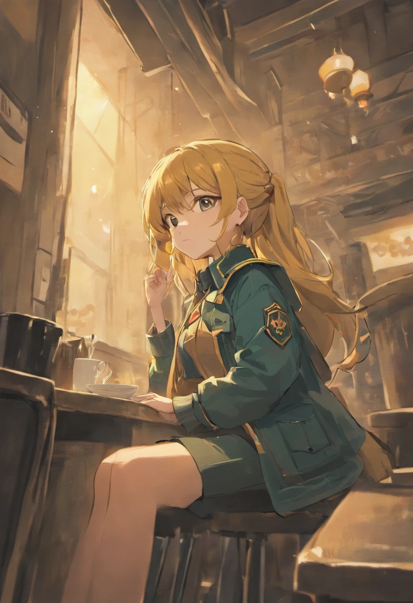 Tanya Deggurechaf Character, Army uniform, 13 years old, short, sit down while sip cofee, 8K, Best quality