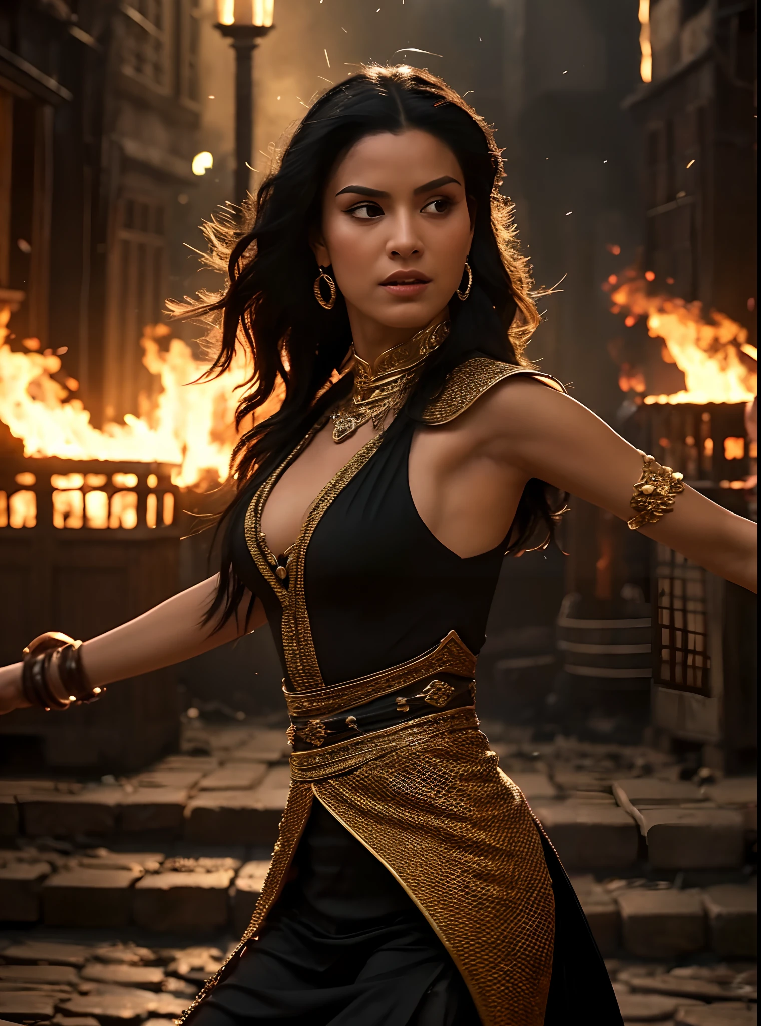 a detailed image of Vengerberg's character Yennefer, played by actress Anya Chalotra, with a piercing and intense gaze. Her black hair in the wind, dancing with the magical energy that surrounds her. Wearing Yennefer's iconic and original outfit, every detail is meticulously depicted. The image depicts Yennefer full-length in a background of a medieval city fleeing in flames, symbolizing the chaos and destruction that surrounds her