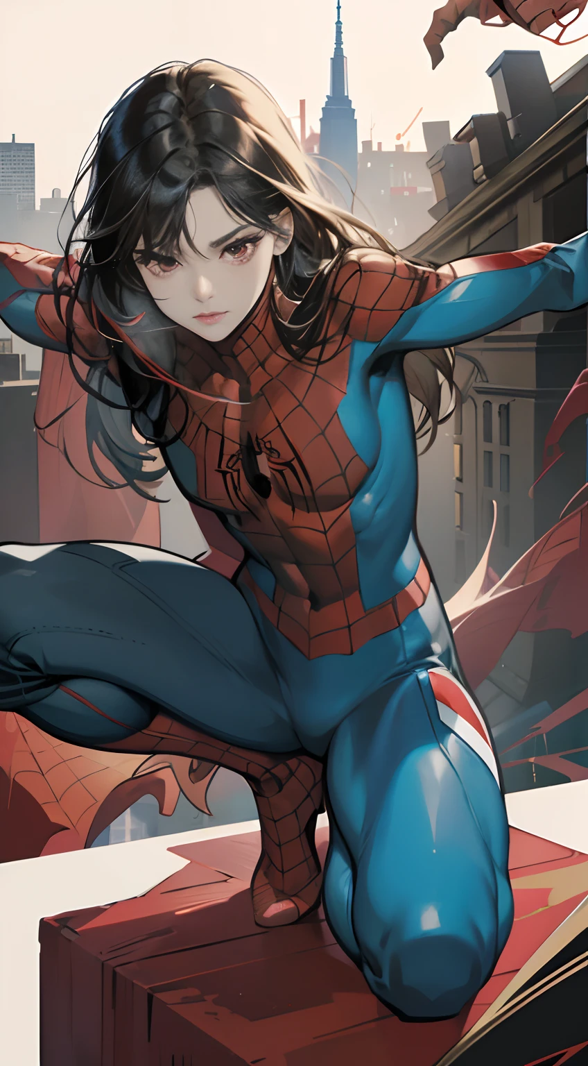 (Best Quality,4K,High resolution), Long straight-haired woman with black hair and red highlights、red eyes、sharp eye、eye liner、spider girl、Red and blue spider suit，Spider Hero、The trademark of the spider on the chest、Suit with cobweb decoration、Comical appearance，comic strip，animesque，Overlooking the city from on high、Squatting on the tip of the lightning rod、Deformed cute illustration、Near and far law