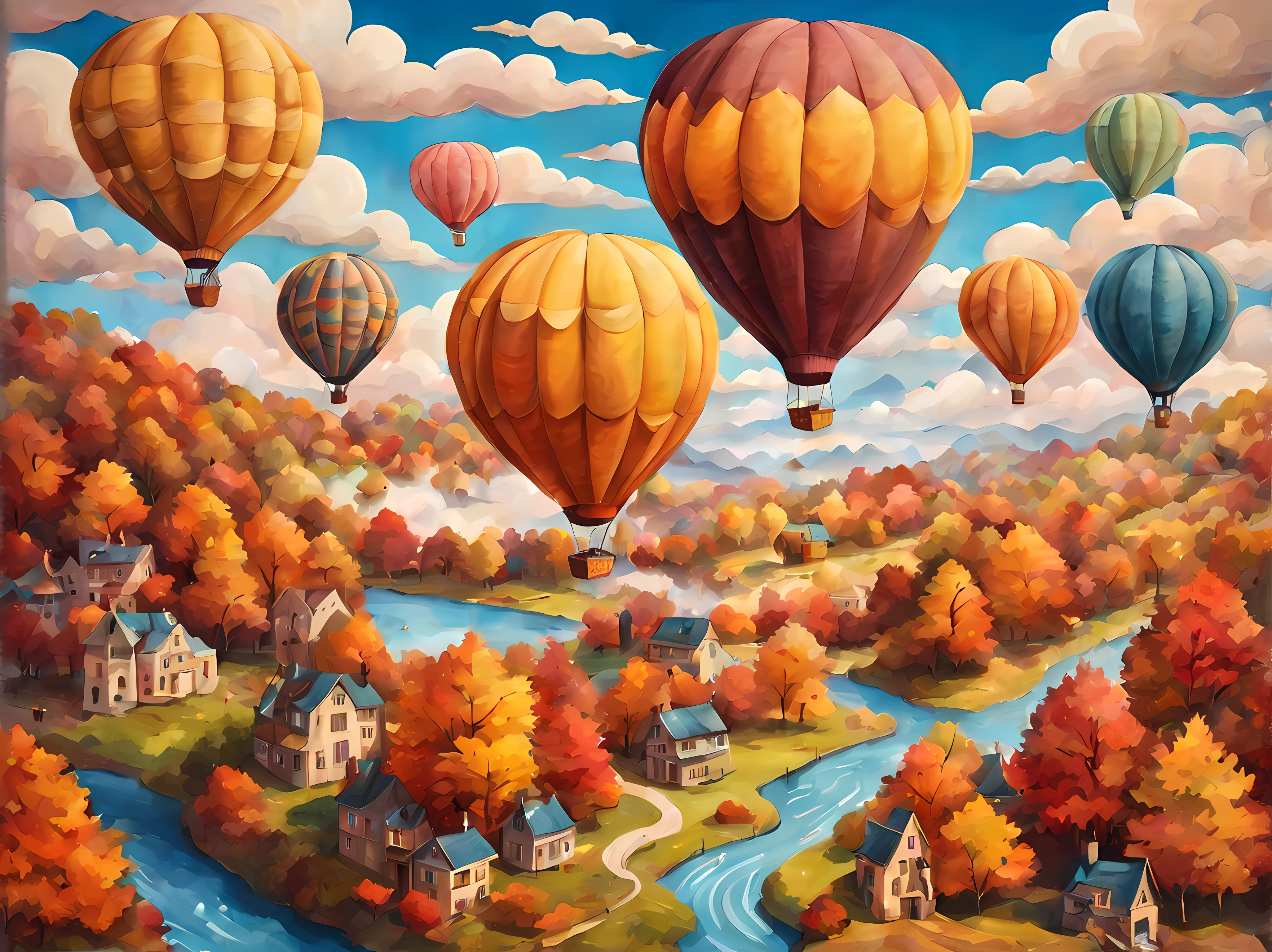 (epic paper cartoon drawing), (hot air balloon festival:1.3), breathtaking autumn, romantic clouds