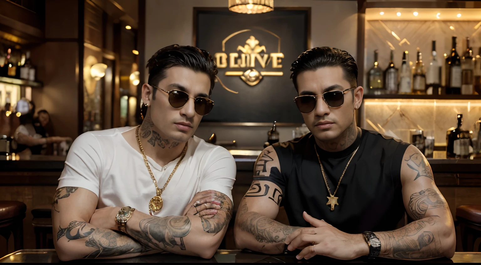 Masterpiece, ((HD quality, 4K, realistic)), (details),midday,2 men wearing sunglasses, gangstar boss, 25 years old, white skin, tattoos, two block hairstyle, ear piercing, Rolex watch, handsome face, Casino background, gold necklace, gold ring, Black shirt, full of tattoos, (full body), (sitting at the bar)