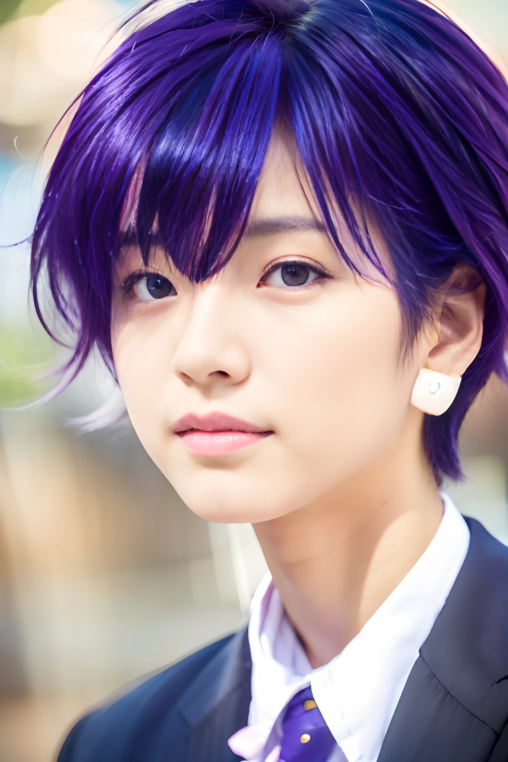 1 boy, izumi miyamura, black jaket, purple eye, purple hair, pixie hair, ultra detail, 70mm lens