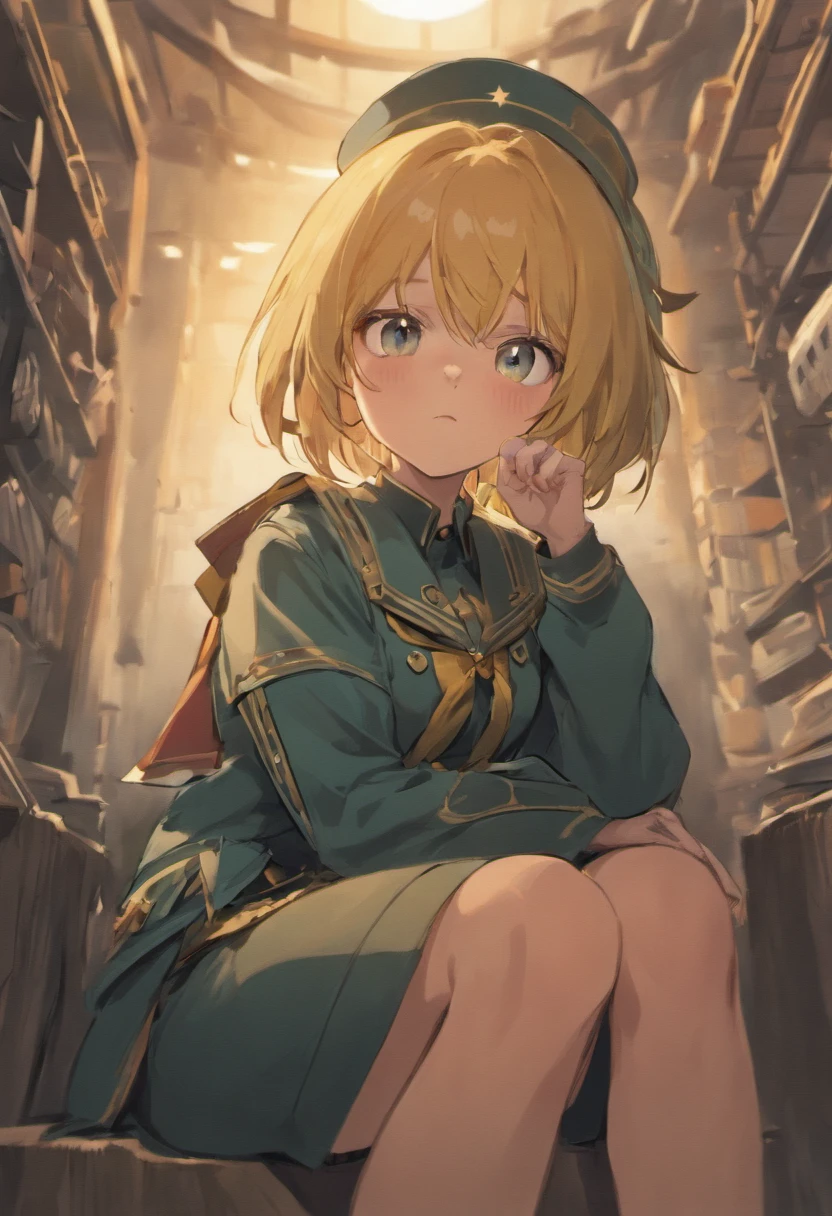 Tanya Deggurechaf Character, Army uniform, , short, sit down while sip cofee, 8K, Best quality, dark style, serious expression,