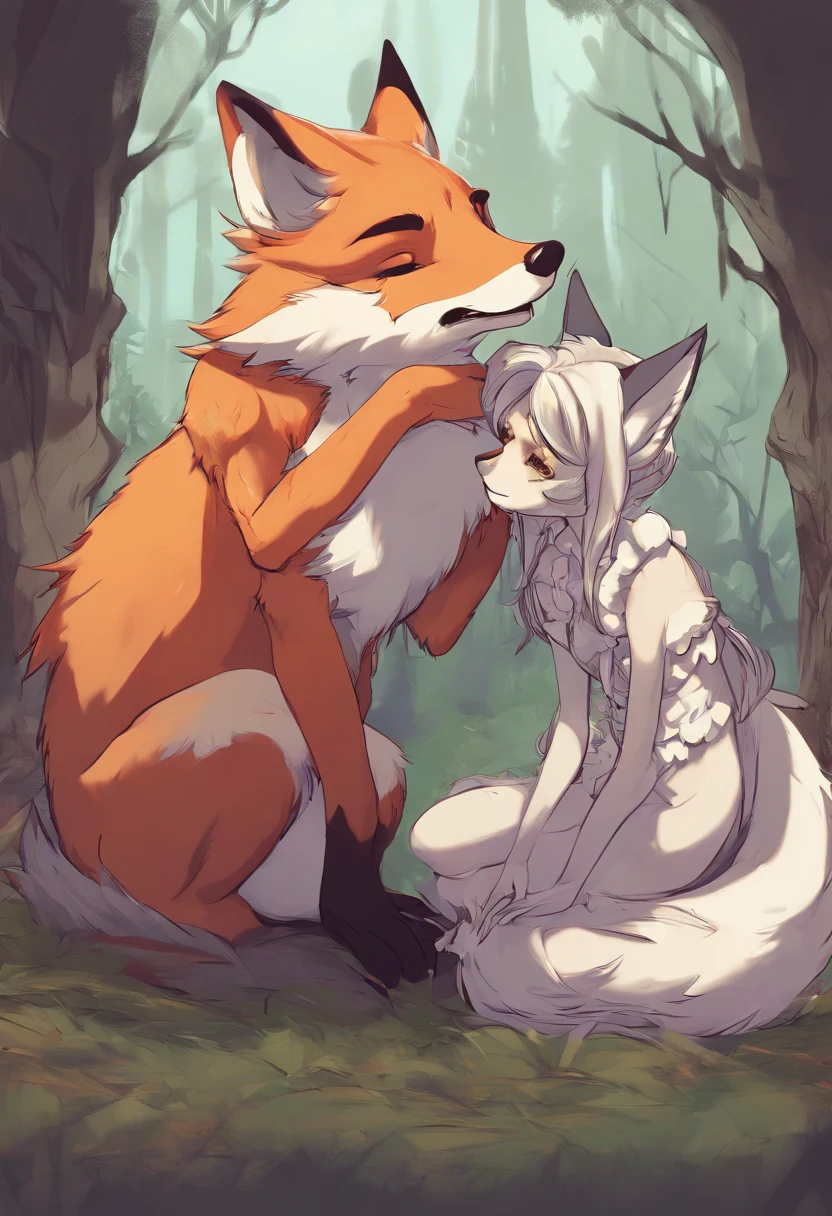 Detailed nsfw picture of young furry fox girl having sex with an anthro wolf wile he pushes its knot in her with cum covering her body and cum drips from her lips wile her belly swells from the anthro wolves cum with a detailed background and detailed picture quality, 1girl, 1boy