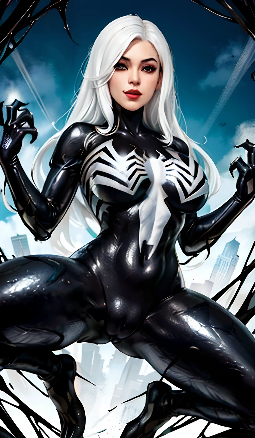 4K，realisticlying，Glamorous，The is very detailed，There is a girl in Dingcheng，White hair，Wearing a black Spider-Man costume，（Black and white：1.4） the night,symbiote，venomize，a large amount of mucus,she is a spiderman，Black superhero theme，In front of the sky，Flushed complexion，( Open legs， camel-toe，， Vulvar shape：1.3）,(GGCameltoe:1.3)Legs apart，25 age old，full bodyesbian