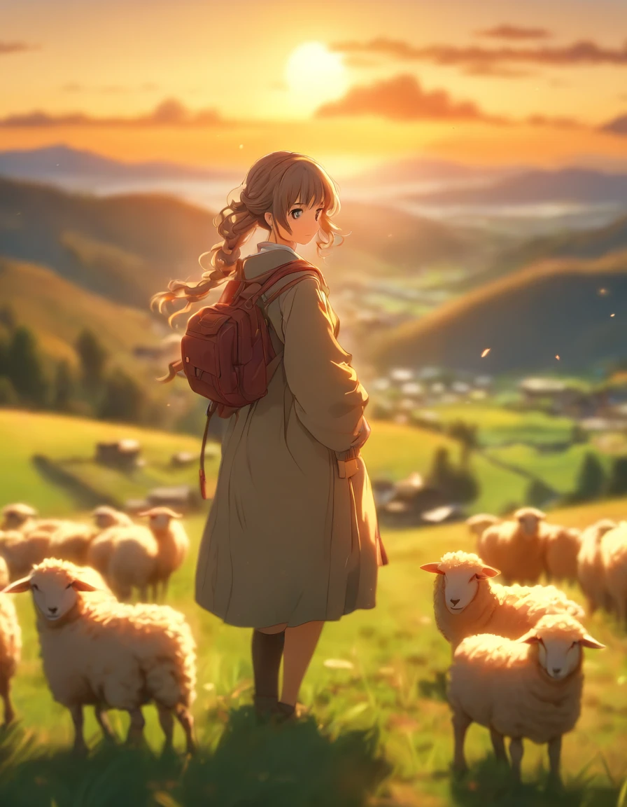 wide shot,alone mountains,sunrise,homestead nestled,rolling hills,girl,grandad,sheep,tending(best quality,4k,8k,highres,masterpiece:1.2),ultra-detailed,(realistic,photorealistic,photo-realistic:1.37),HDR,UHD,studio lighting,ultra-fine painting,sharp focus,physically-based rendering,extreme detail description,professional,vivid colors,bokeh,portraits,landscape