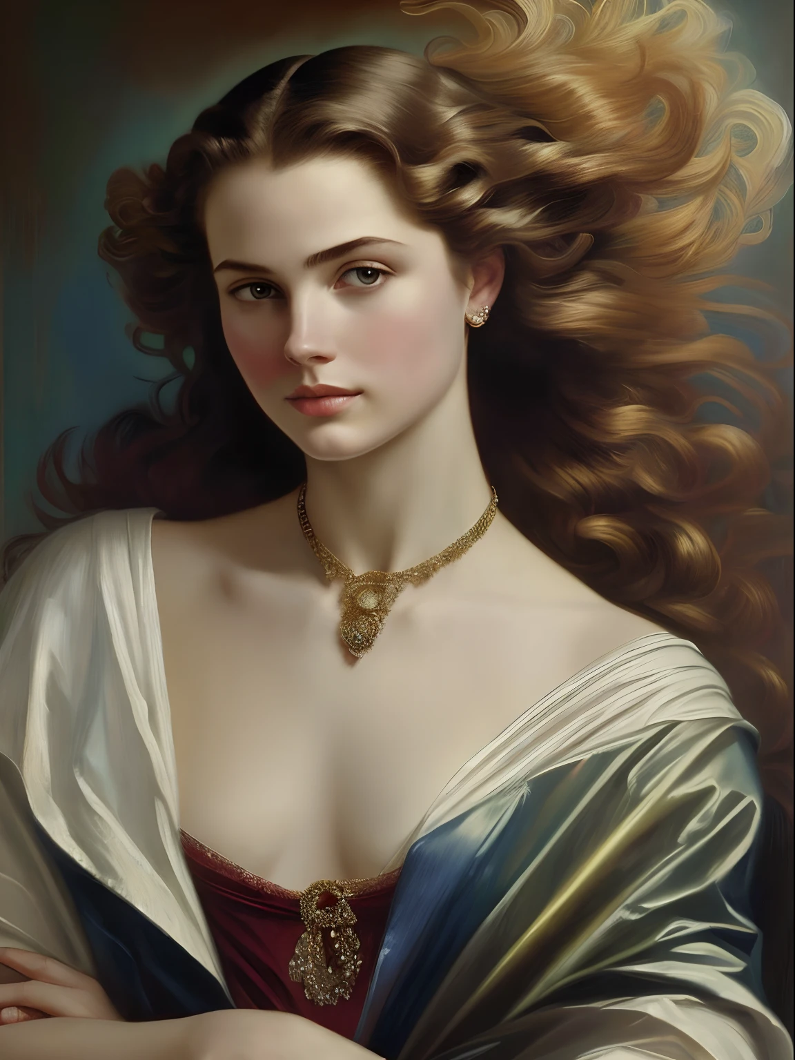 (Masterpiece) portrait of a heavenly beautiful Hugo Boss model in 1940s, beautiful painting with highly detailed face by Alphonse Mucha, Craig Mullins, Greg Rutkowski, magali villanueve, (the most beautiful portrait in the world:1.5), in the style of shiny rhinestone crystals.
