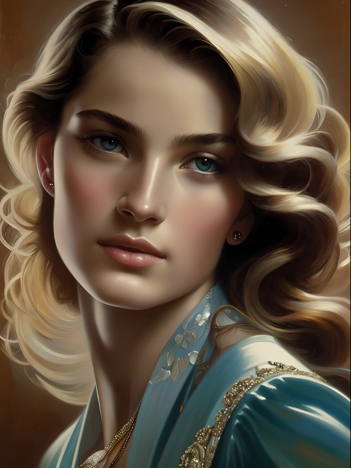 (Masterpiece) portrait of a heavenly beautiful Hugo Boss model in 1940s, beautiful painting with highly detailed face by Alphonse Mucha, Craig Mullins, Greg Rutkowski, magali villanueve, (the most beautiful portrait in the world:1.5), in the style of shiny rhinestone crystals.