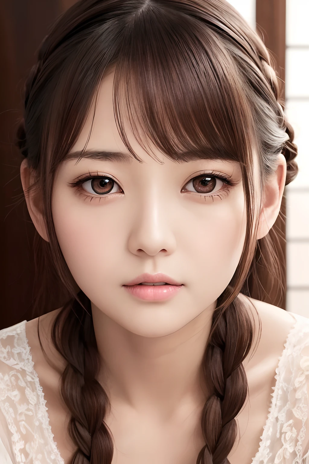 finest image, realistic, portrait, detailed and delicate depiction, neat and beautiful Japanese woman, light brown braided bangs straight hair, shining big eyes, long eyelashes, double eyelids, red alluring moist big thick lips, huge breasts, slender, sexy lace dress was wide open on the sides