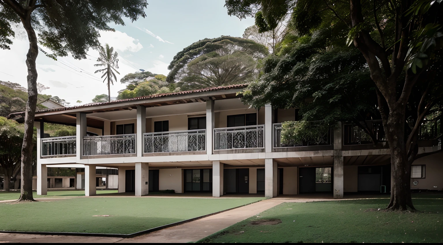 arquitetura antiga, campo de gramado na frente da escola, universidade completa, area externa com lago, estrutura de universidade grande com varias salas.