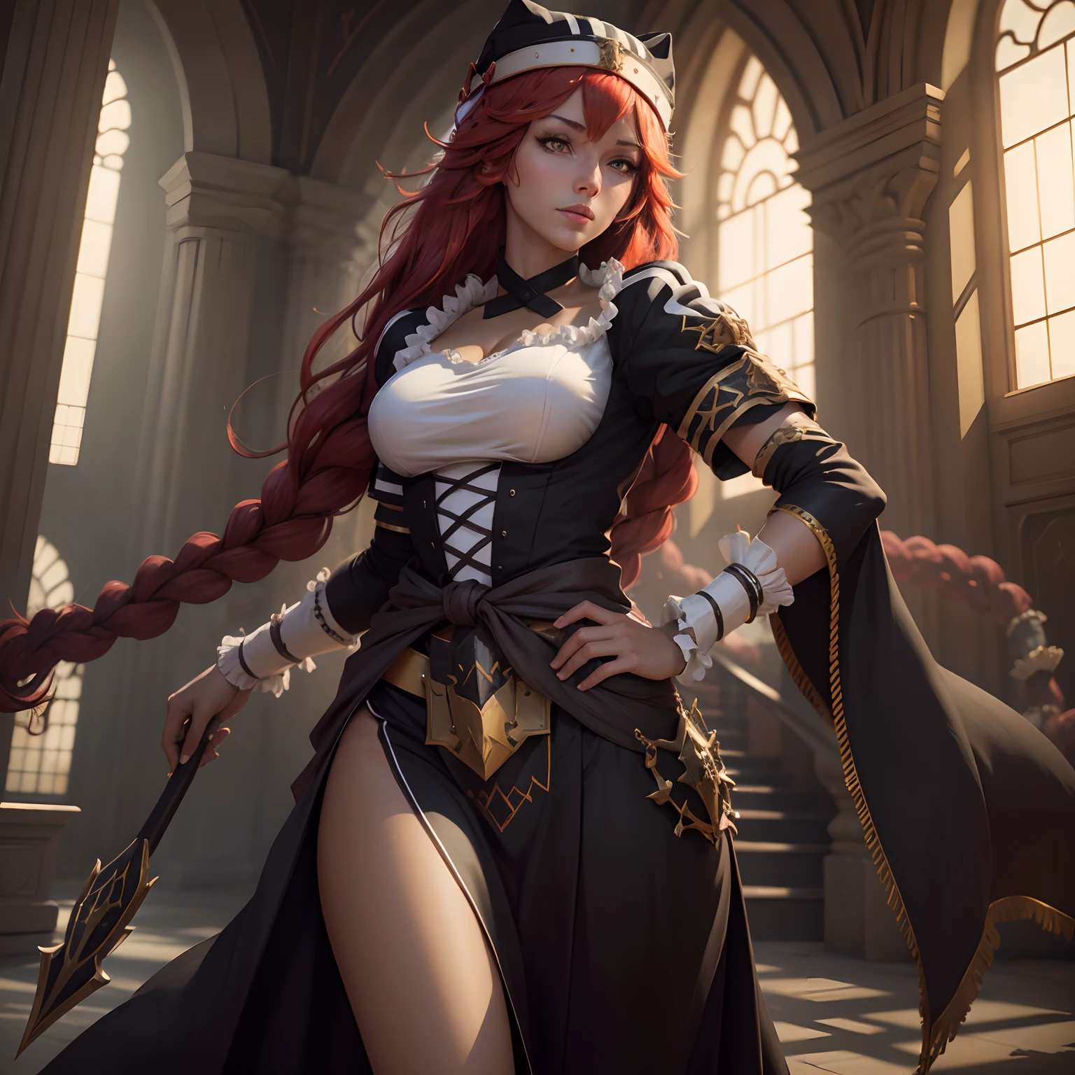 lupusregina beta,overlord,(best quality,4k,8k,highres,masterpiece:1.2),ultra-detailed,(realistic,photorealistic,photo-realistic:1.37),full body,detailed eyes,detailed lips,long eyelashes,red hair,confident expression,dominant pose,maid armor,staff with magical aura,menacing background,dark atmosphere,shadows and highlights,concept artists