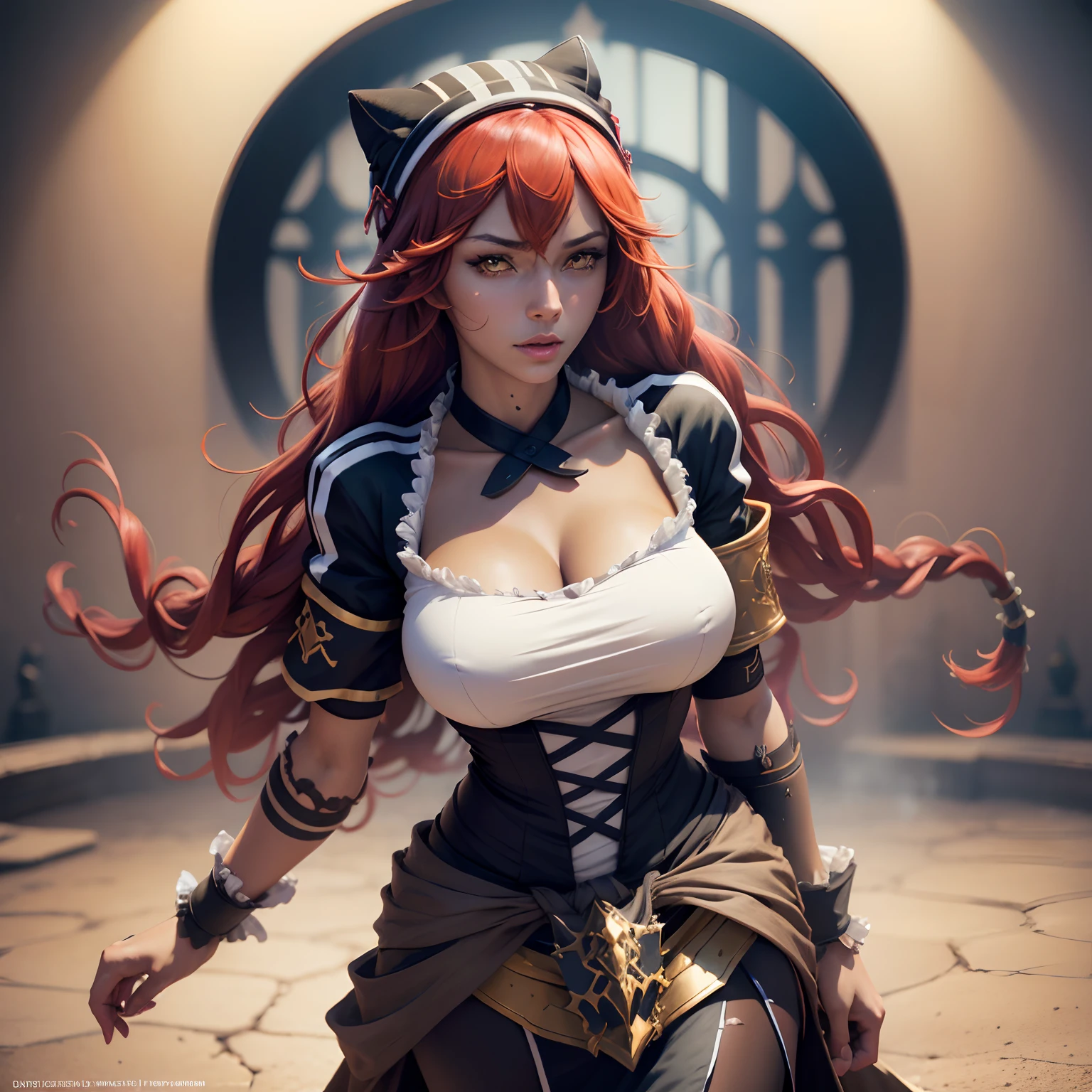 lupusregina beta,overlord,(best quality,4k,8k,highres,masterpiece:1.2),ultra-detailed,(realistic,photorealistic,photo-realistic:1.37),full body,detailed eyes,detailed lips,long eyelashes,red hair,confident expression,dominant pose,maid armor,staff with magical aura,menacing background,dark atmosphere,shadows and highlights,concept artists