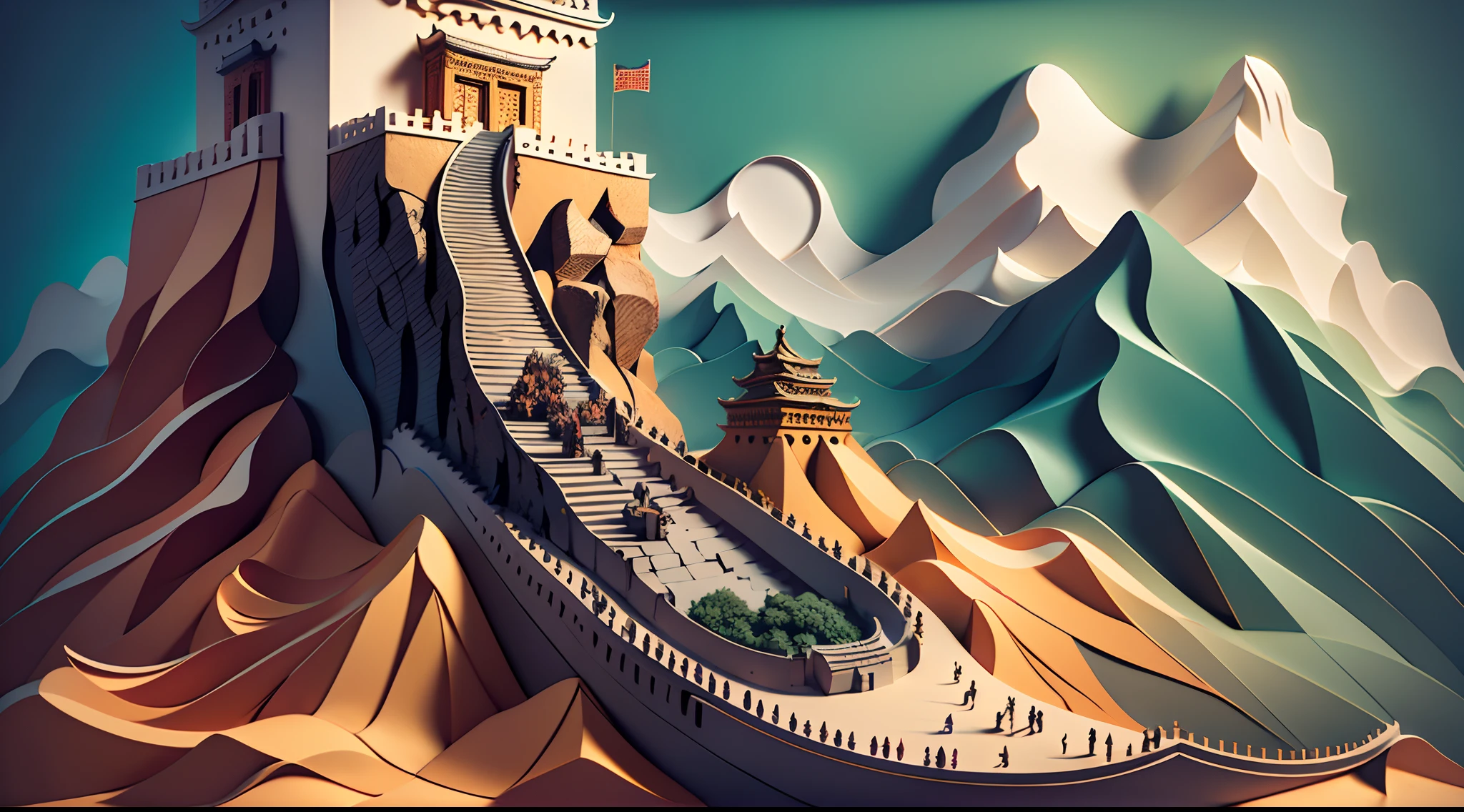 Complex illustration in paper cut art style,Great Wall of China,best qualtiy,realisticlying,realisticlying,super-fine,highly elaborate carvings on ,