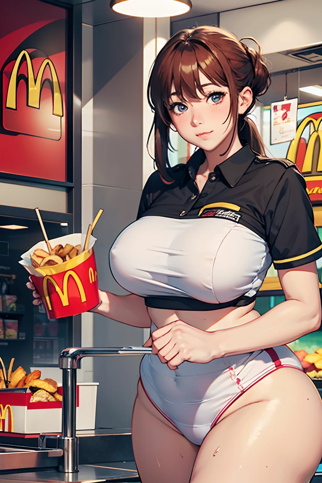 very Thicc female McDonald's employee, shy and blushing, anime style image, seductive body, masterpiece, (1girl), McDonald's background