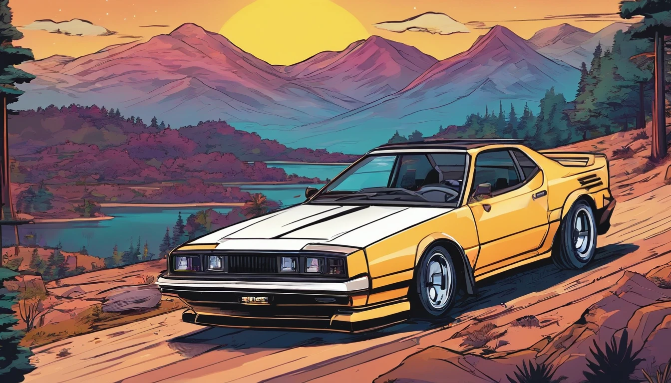 A retro-futuristic 90s tuner car drifting through the mountains at night. Bold cartoon style similar to Hi-Fi Rush. The car looks like Inertial Drift.