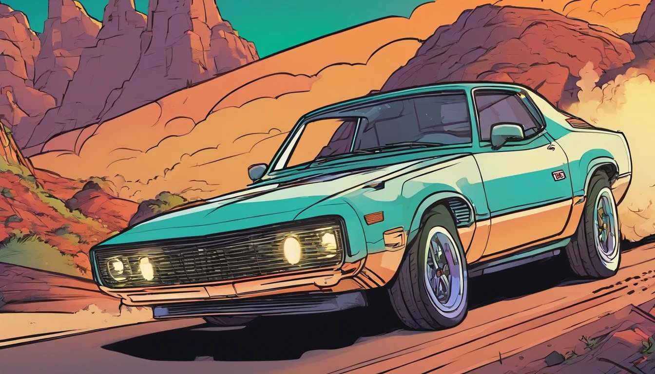 A retro-futuristic 90s tuner car drifting through the mountains at night. Bold cartoon style similar to Hi-Fi Rush. The car looks like Inertial Drift.