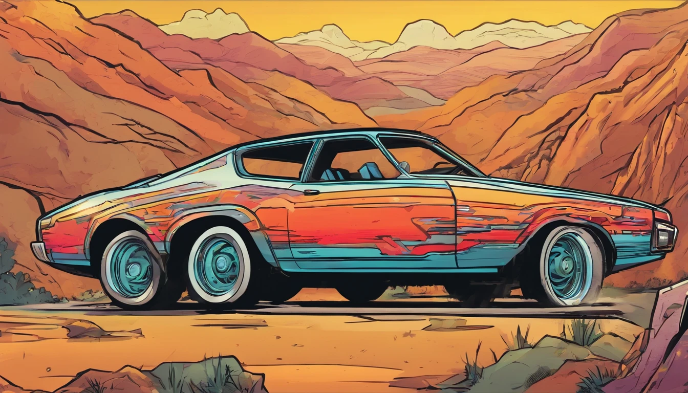 A retro-futuristic 90s tuner car drifting through the mountains at night. Bold cartoon style similar to Hi-Fi Rush. The car looks like Inertial Drift.