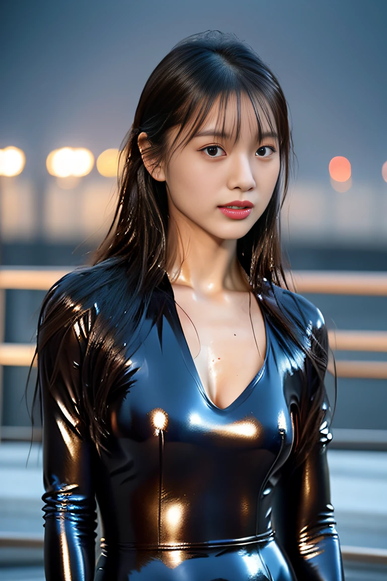 (((1 woman: 2))), ((Beautiful girl in shiny full body rubber suit with simple design)), (Primary color body fitting rubber suit), ((Beautiful girl on the roof of a building with beautiful night view)), (18 year old pretty girl), ((1screen)), 8K, RAW shot, top quality photo, Masterpiece, Nice realistic photos, ((Anatomically correct proportions: 1.5)), beautiful woman like a Japanese actress, small head, Detailed face, Detailed eyes, Narrow Nose, Detailed fingers, detailed arms, Detailed skin, Detailed legs, short torso, Narrow waist, Large breasts, Nipple shadow, Longitudinal wrinkles, Small buttocks, Posing for gravure photos, ((Sitting with crotch open)), ((Heavy rain )), ((Rain-drenched body: 1.8)), (Bodysuit with water droplets: 1.5), (Rain-soaked hair: 1.8) , (Rain-soaked bangs: 1.8)