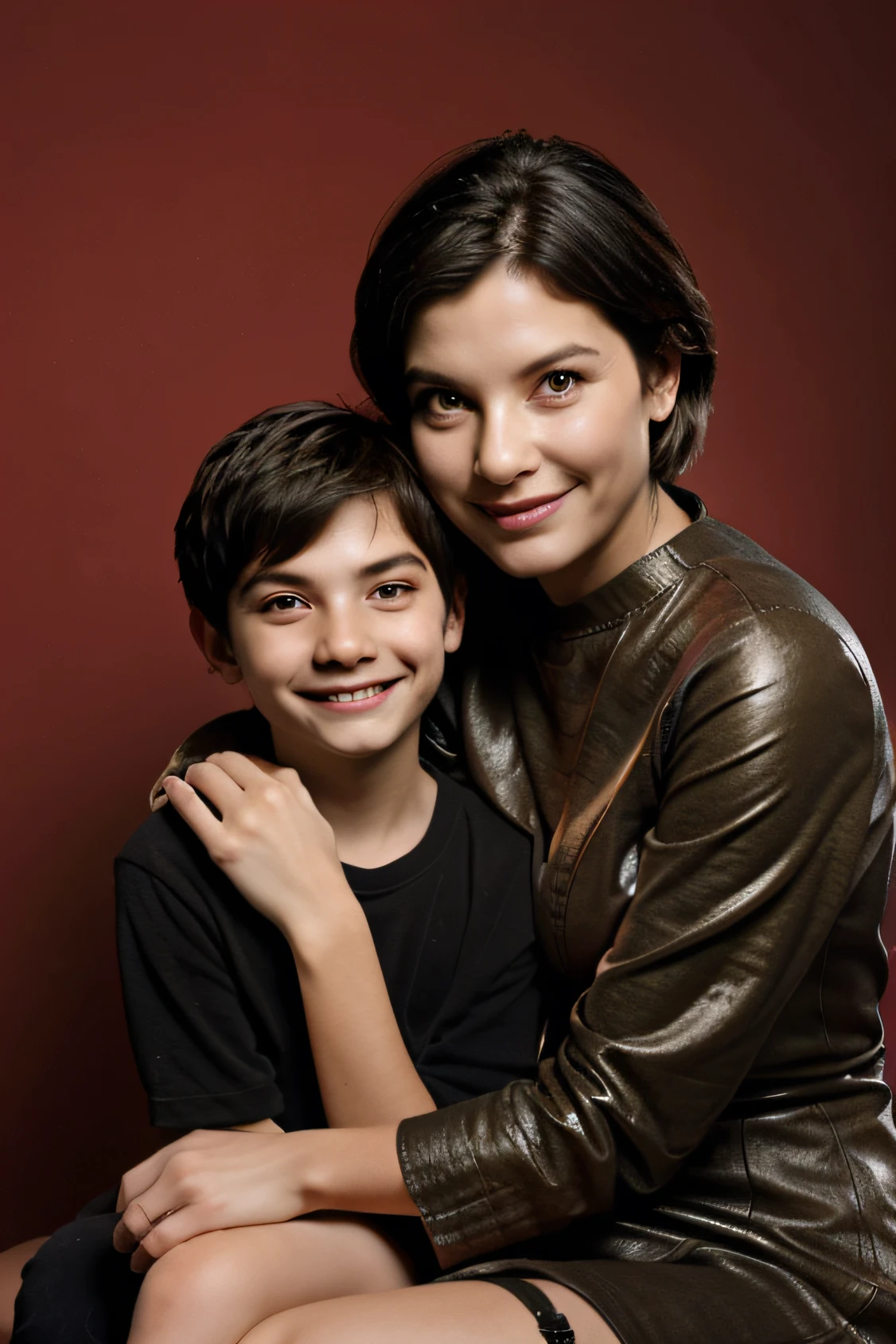 An 11-year-old boy and his mother are sitting, While your mother smiles. Descreva uma cena animada e calorosa entre eles.
