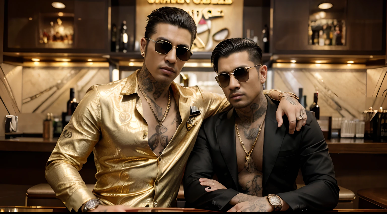 Masterpiece, ((HD quality, 4K, realistic)), (details),midday,2 men wearing sunglasses, gangstar boss, 25 years old, white skin, tattoos, two block hairstyle, ear piercing, Rolex watch, handsome face, Casino background, gold necklace, gold ring, Long sleeve black shirt, full of tattoos, (full body), (sitting at the bar)