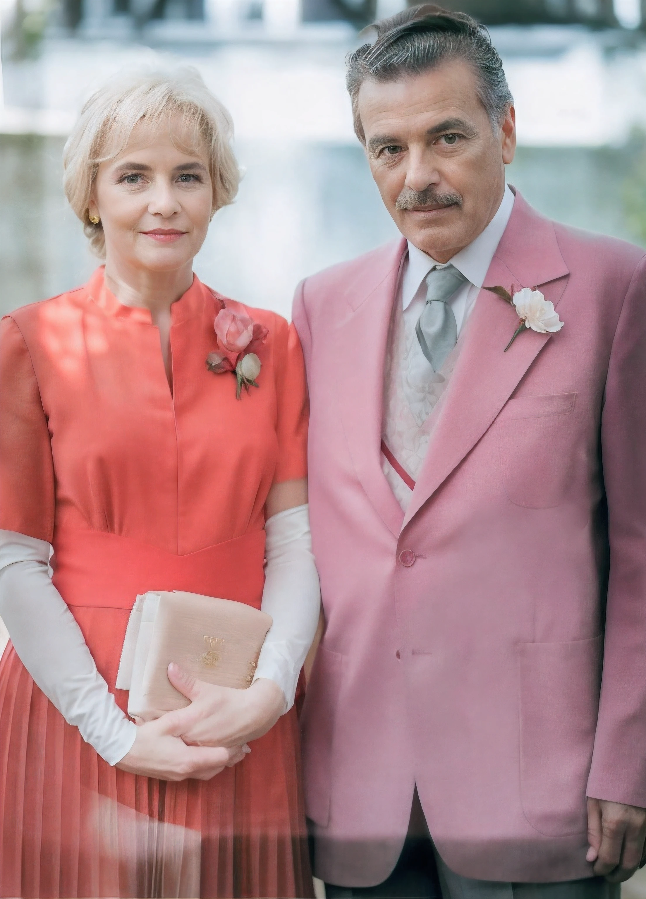 There are two people next to each other in formal attire, mulher 62 anos, cabelo loiro, olhos verdes, burgundy dress, com mangas brancas, o vestido tem umas flores rosa, homem de 62 anos, cabelo castanho penteado, olhos azuis, bigode, Burgundy color costume and burgundy pants, camisa branca e gravata branca, tem uma flor branca no casaco, raw photo, amazing photograph, best quality, 8K, high quality, Ultra detailed, (best quality), (high detailed skin, full sharp:1.2), 8k uhd, dslr, detailed face
