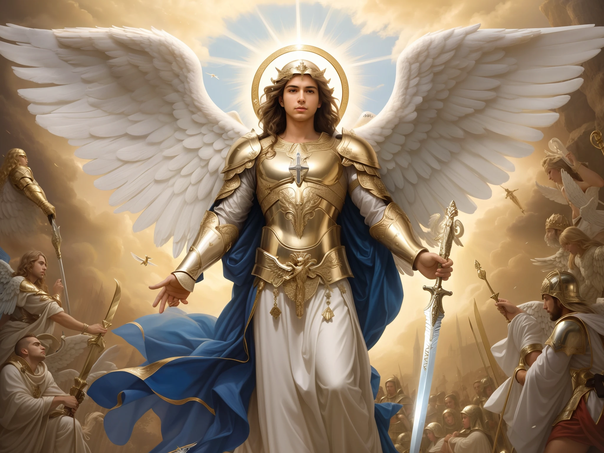 Arafed anjo com espada e armadura na frente de uma pintura, Arcanjo Miguel, arcanjo, saint michael the angel, Anjo majestoso de corpo inteiro, anjo, Armadura Dourada Angelical, cheio de pinturas de anjos, angel in plastic armor, biblical accurate angel, angelic, angelic, Directed by: Roman Bezpalkiv, Daniel, anjo protegendo o homem