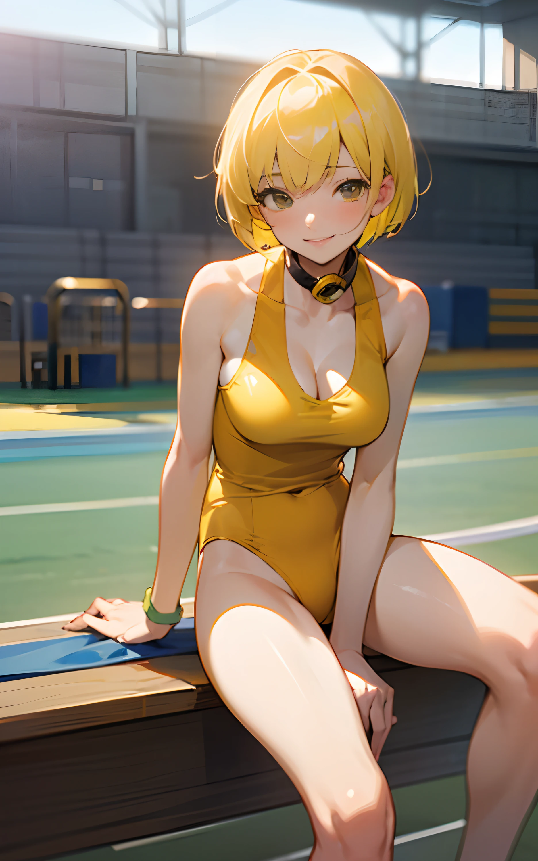 (Original Character、Unity 16K Wallpaper, Masterpiece, Best Quality, Ultra-Detailed, Extremely Detailed CG, Caustics, Cinematic Lighting, Detailed, Beautiful Detailed Eyes, solo), Ultra High Resolution, fine skin, (track and field:1.2) 、(strong light)、oily skin,smile , from front:1.2、(sexy women)、Arena、full body shot、separate, bare belly, show neck, some cleavage, sleeveless, sunny day、cowboy shot,yellow hair、sit on the bench,open legs,pixie cut,blushing ,short hair, yellow track uniform, yellow uniform, no collar, yellow tanktop, yellow bikini bottom, one knee up