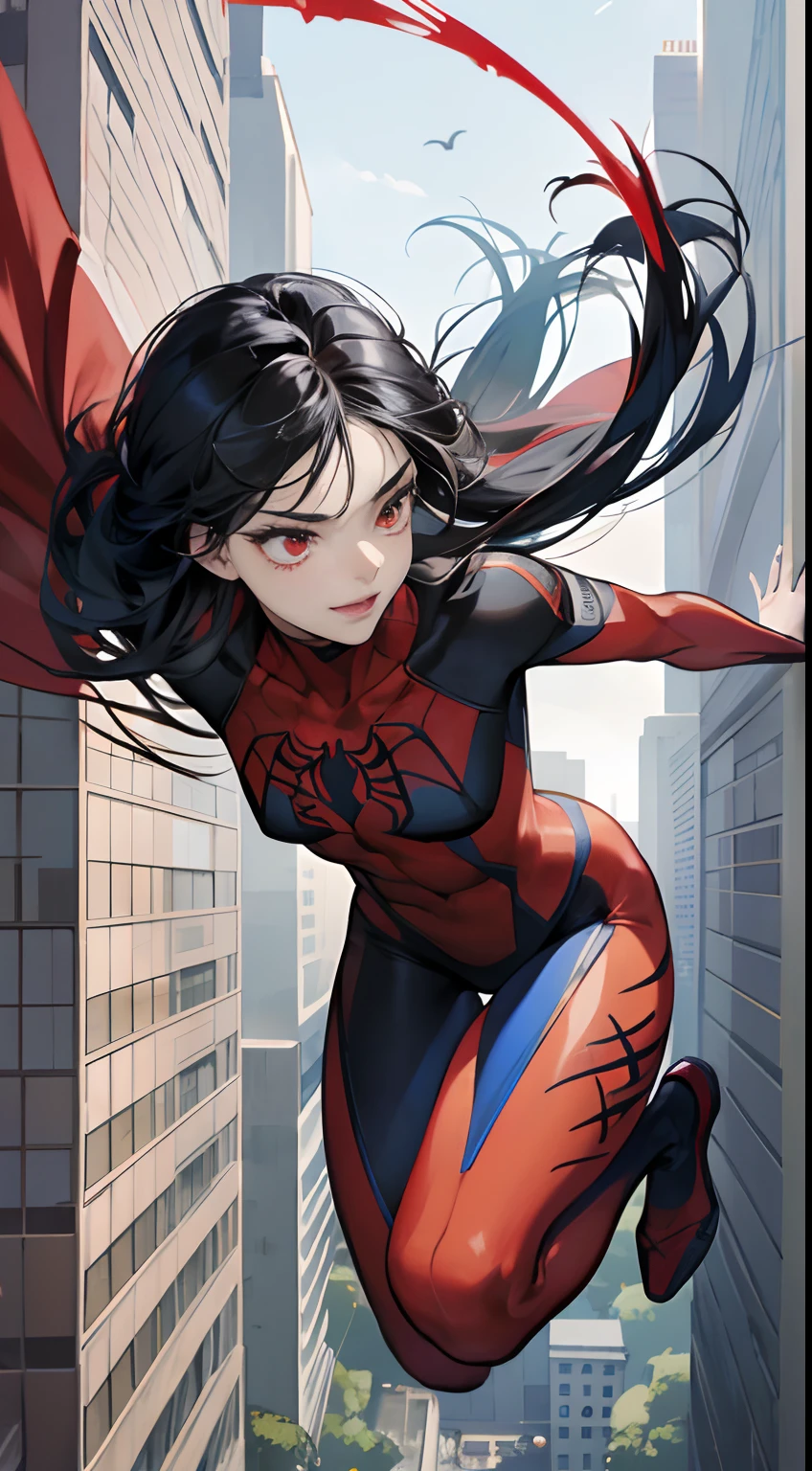 From below, A beautiful girl as spider girl, Gwen, short red skirt with wed pattern, spider man suit,Marvel on the city street, cinematic light, beautiful woman, skinny, medium breasts, black long hair, detailed face, smile, low angle shot, She wears Spider-Man suit, red and black color scheme, spider,a beautiful young woman with long flowing hair, ethereal and graceful, (best quality,4k,8k,highres,masterpiece:1.2),ultra-detailed,(realistic,photorealistic,photo-realistic:1.37),delicate facial features,big expressive eyes,long eyelashes,small nose,lush lips,pale porcelain skin,elegant posture,natural lighting,cinematic composition,fantasy,dreamlike,soft pastel colors