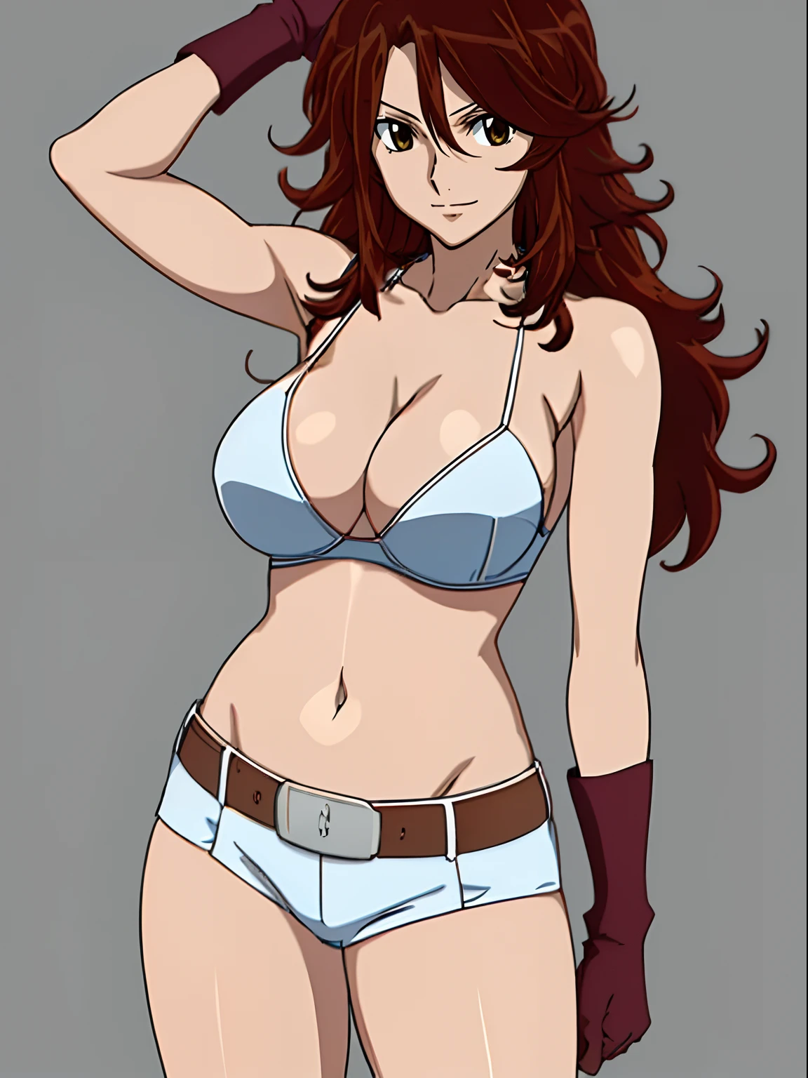 slightly Flexing arm muscles, Karate stance, ((standing, solo, 1 girl only)), Best Quality, hires, full body view, curvy midsection, (tilt head, defined weak muscles, detailed muscles), smile, kind face), upper body only, anime style: 1.8, anime drawing, ultra detailed face, ultra detailed body, 4k, Sumergai Lee Noriega, karate stance, best quality, anime style, hires, highest definition, digital blending, bold drawing lines, (((White Background))), ( (defined muscles), long belly, slim body, ((strong arm muscles)), broad shoulders , off-shoulders, closed fists, (two bras, shorts, white gloves, , arm band, white boots, (champion belt))), (large breasts, defined cleavage, closed mouth, big bellybutton, shiny skin, (thighs)), (big eyes, brown eyes, shiny eyes), (reddish hair, loose hair, curly hair, wavy hair, long hair, floating hair)