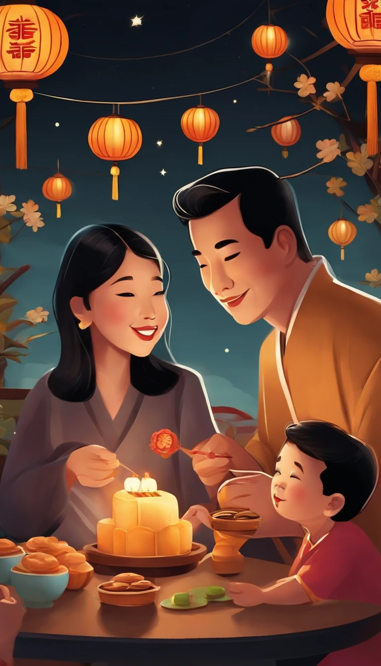 A family eats mooncakes,Men honor their parents with gifts in their hands, Happy family, There are mooncakes on the table,Gift in hand, tea drinking and paper lanterns, Another bright moon in the sky,warm and joyful atmosphere, Digital illustration, Poster illustration, , , digital illustrations , Chinese style painting, , exciting illustration,
